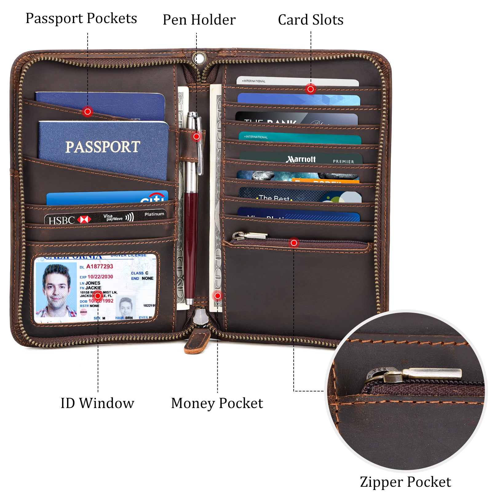 Polare Full Grain Leather Travel Passport Holder Wallet Fits 2 Passports (Inside)