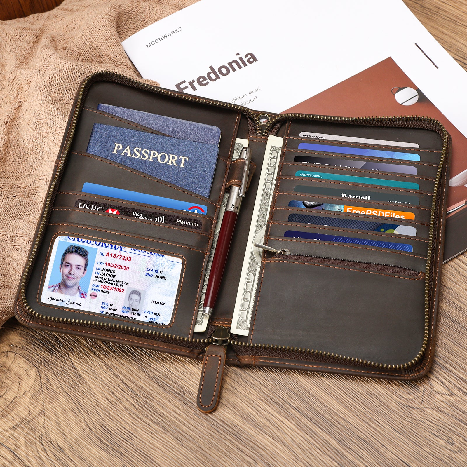 Polare Full Grain Leather Travel Passport Holder Wallet Fits 2 Passports (Scenario Shows)