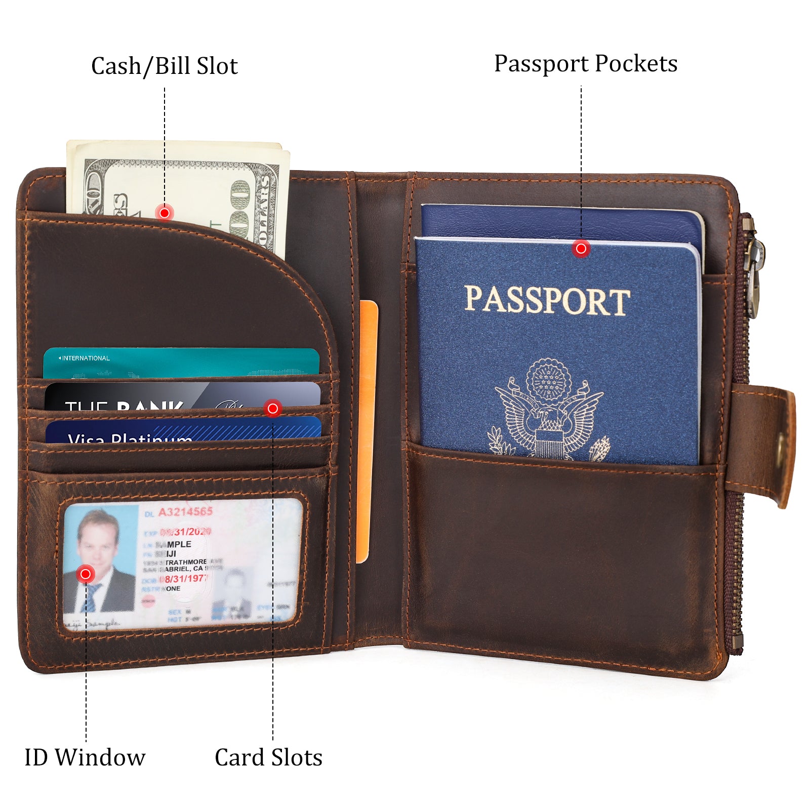 Full Grain Leather 2 Passports Travel Wallet Holder RFID Blocking (Dark Brown,Inside)
