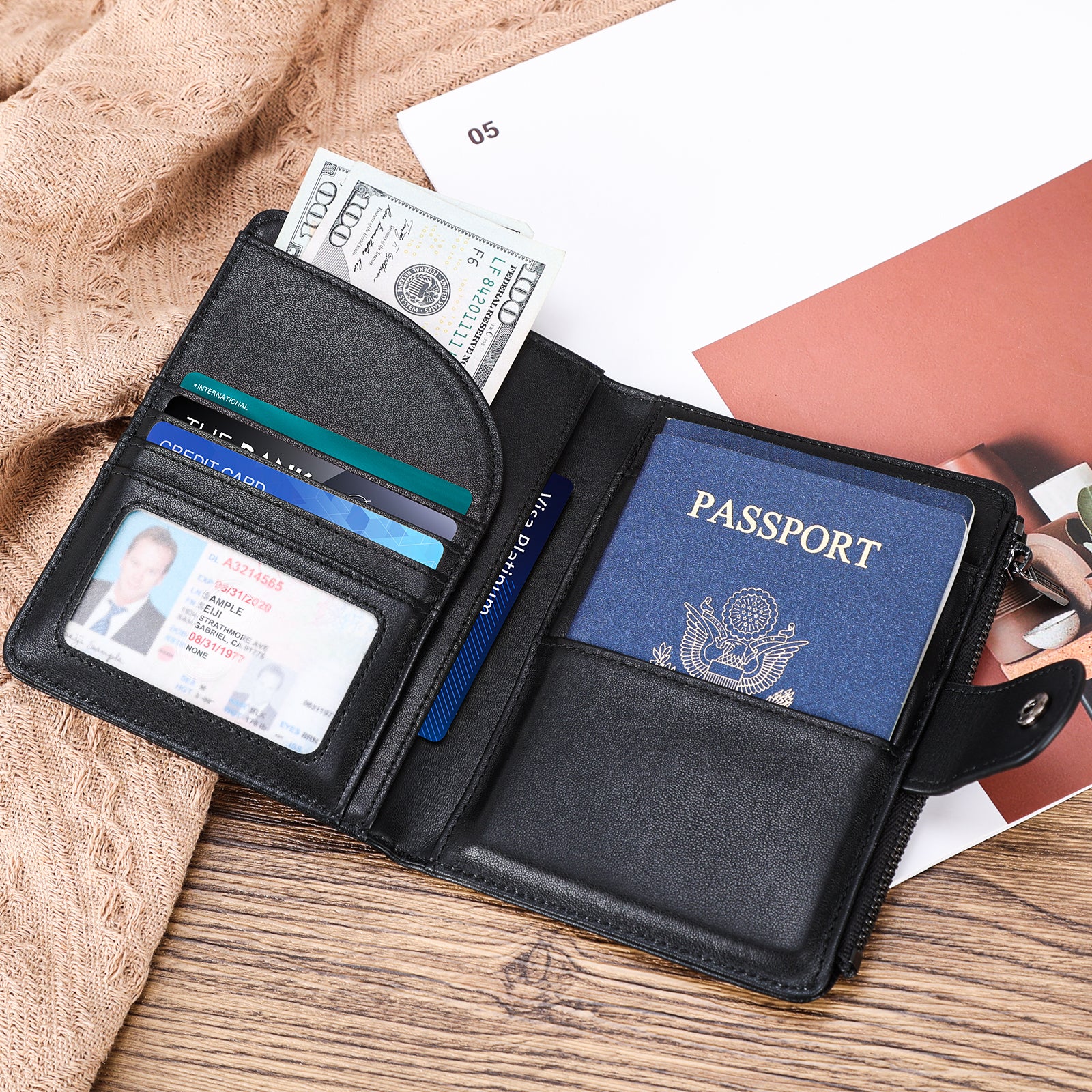 Full Grain Leather 2 Passports Travel Wallet Holder RFID Blocking (Black,Scenario Shows)