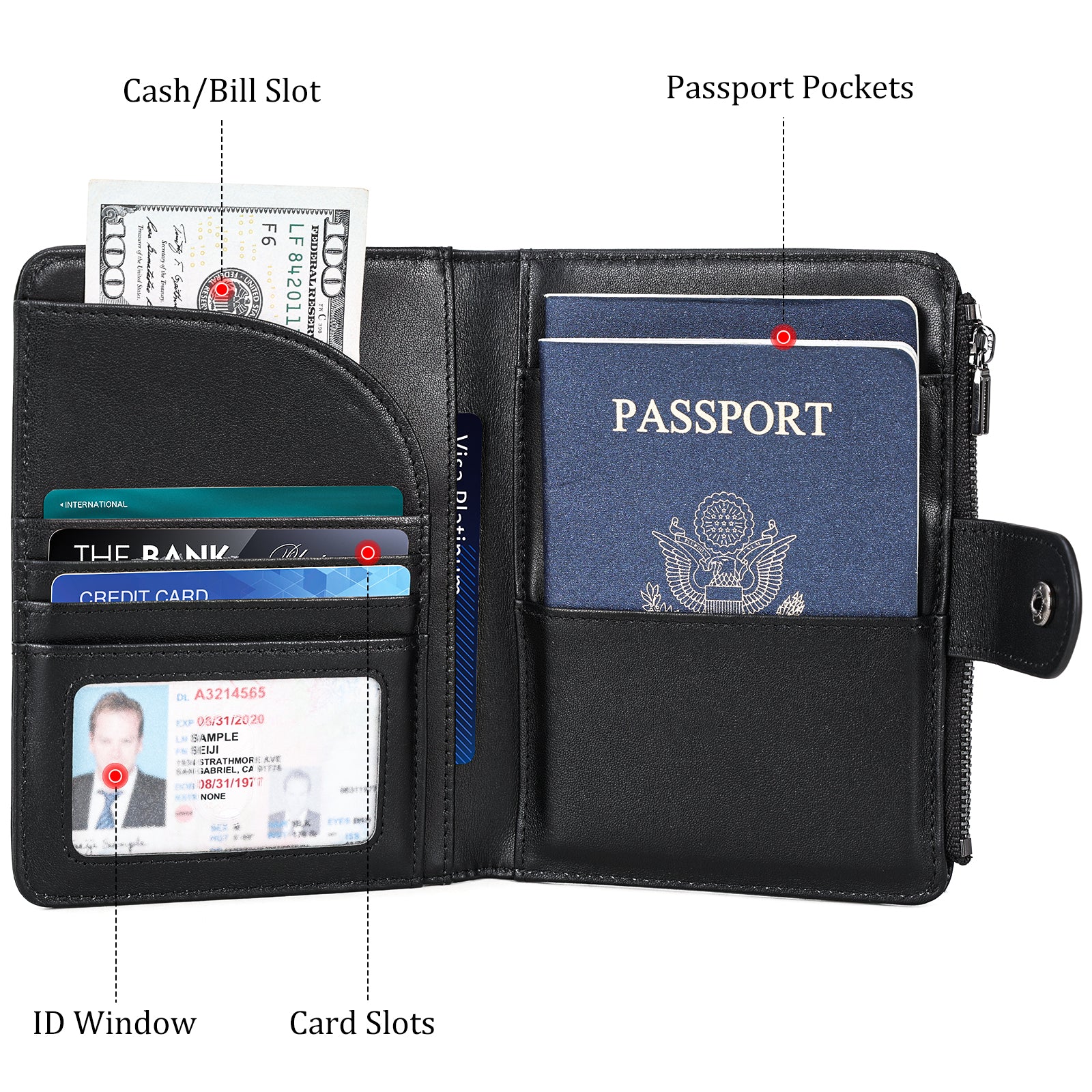 Full Grain Leather 2 Passports Travel Wallet Holder RFID Blocking (Black,Inside)