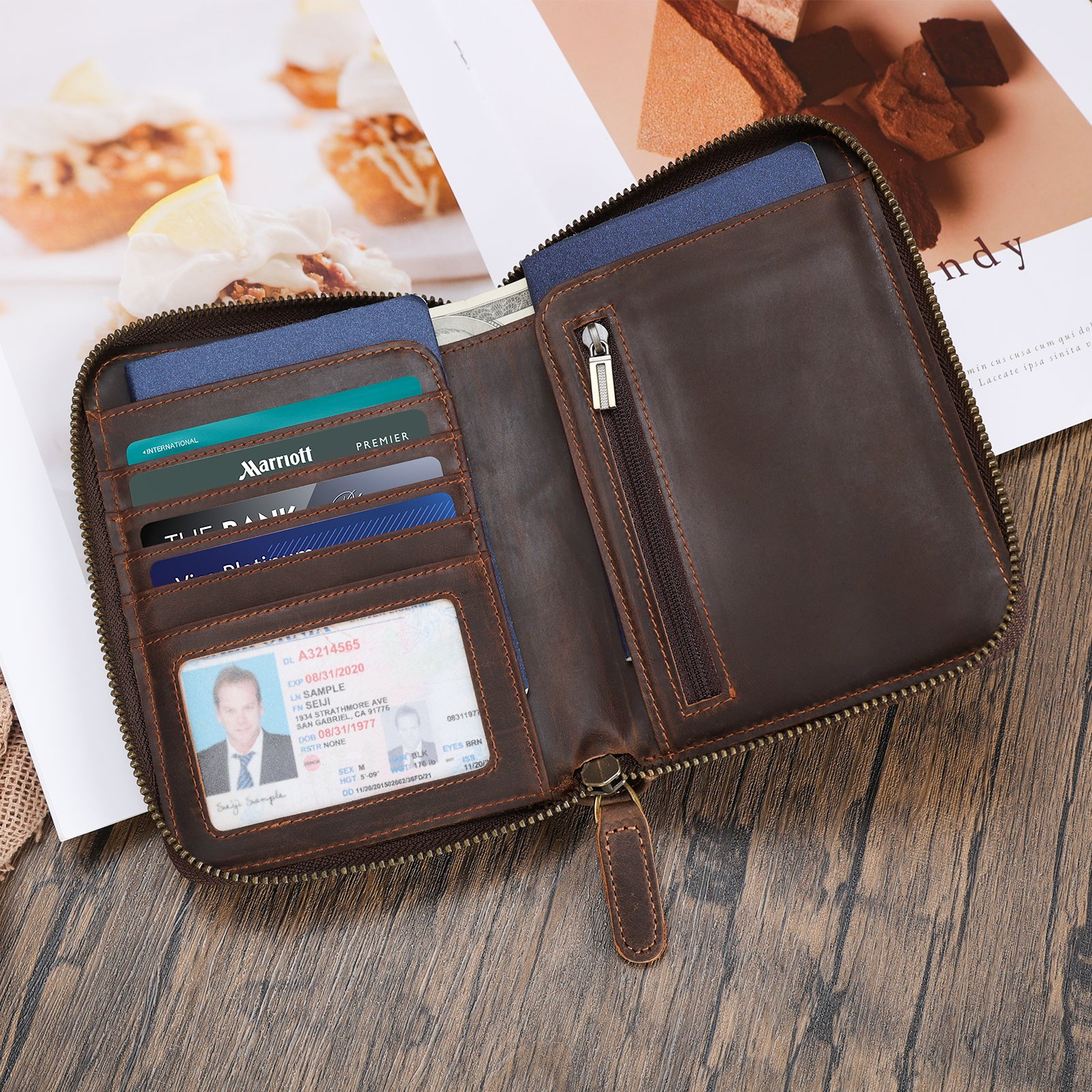 Full Grain Leather Canvas Trim Travel Passport Wallet (Scenario Shows)