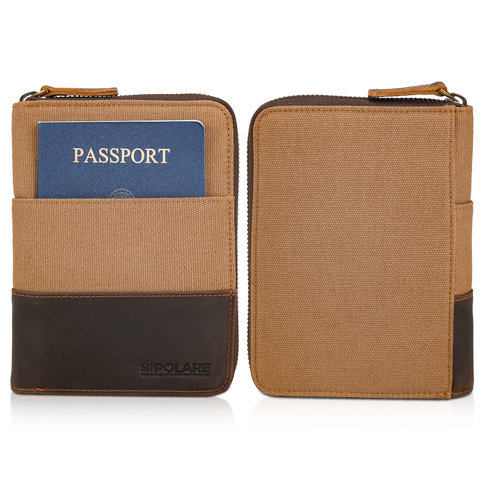 Full Grain Leather Canvas Trim Travel Passport Wallet (Front/Back)