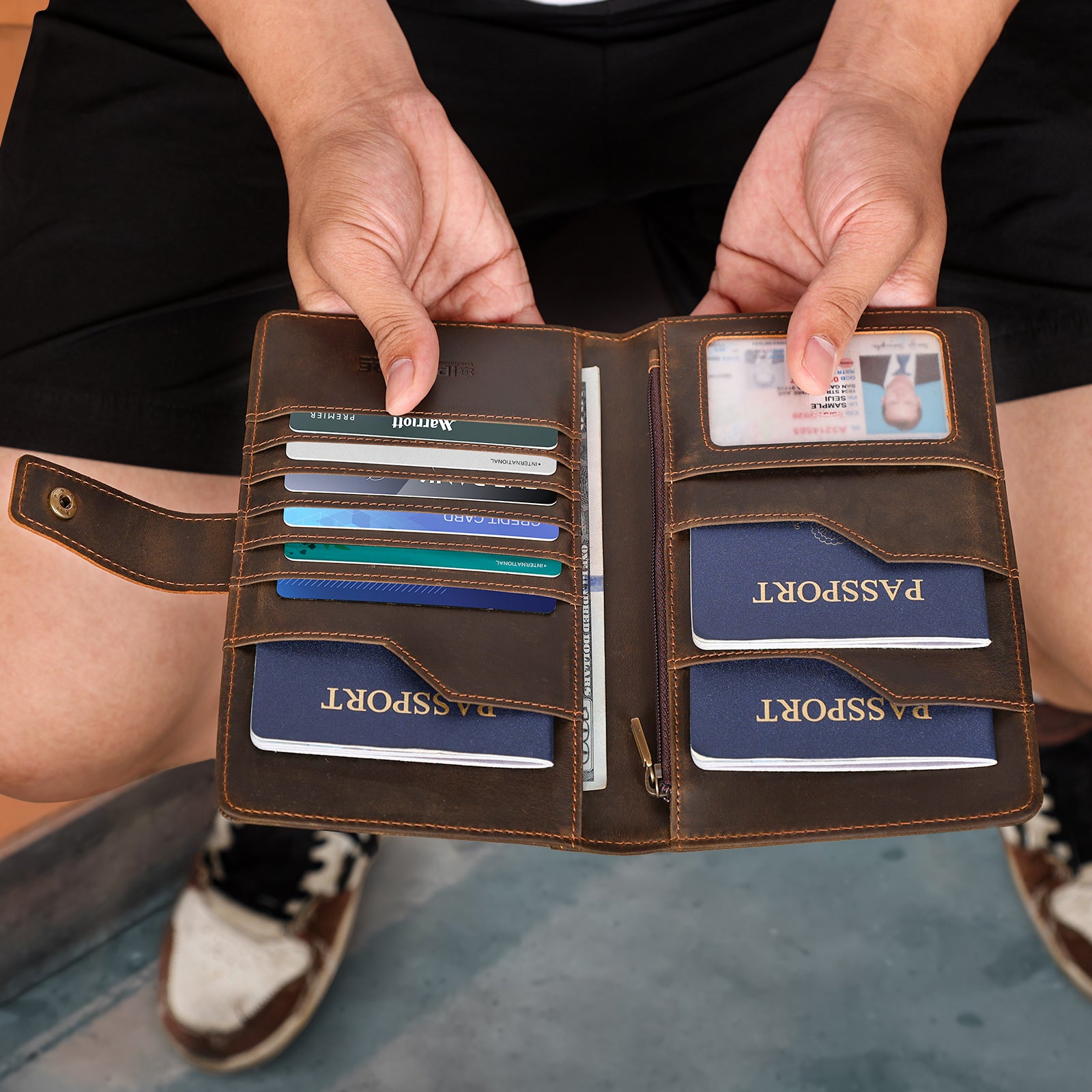 Full Grain Leather Passport Holder Family Travel Document Organizer (Model Display)