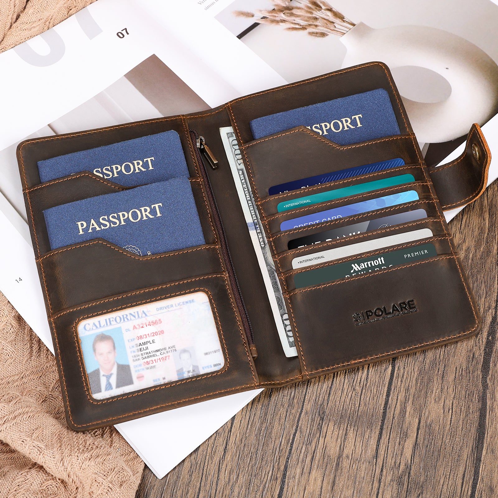 Full Grain Leather Passport Holder Family Travel Document Organizer (Scenario Shows)