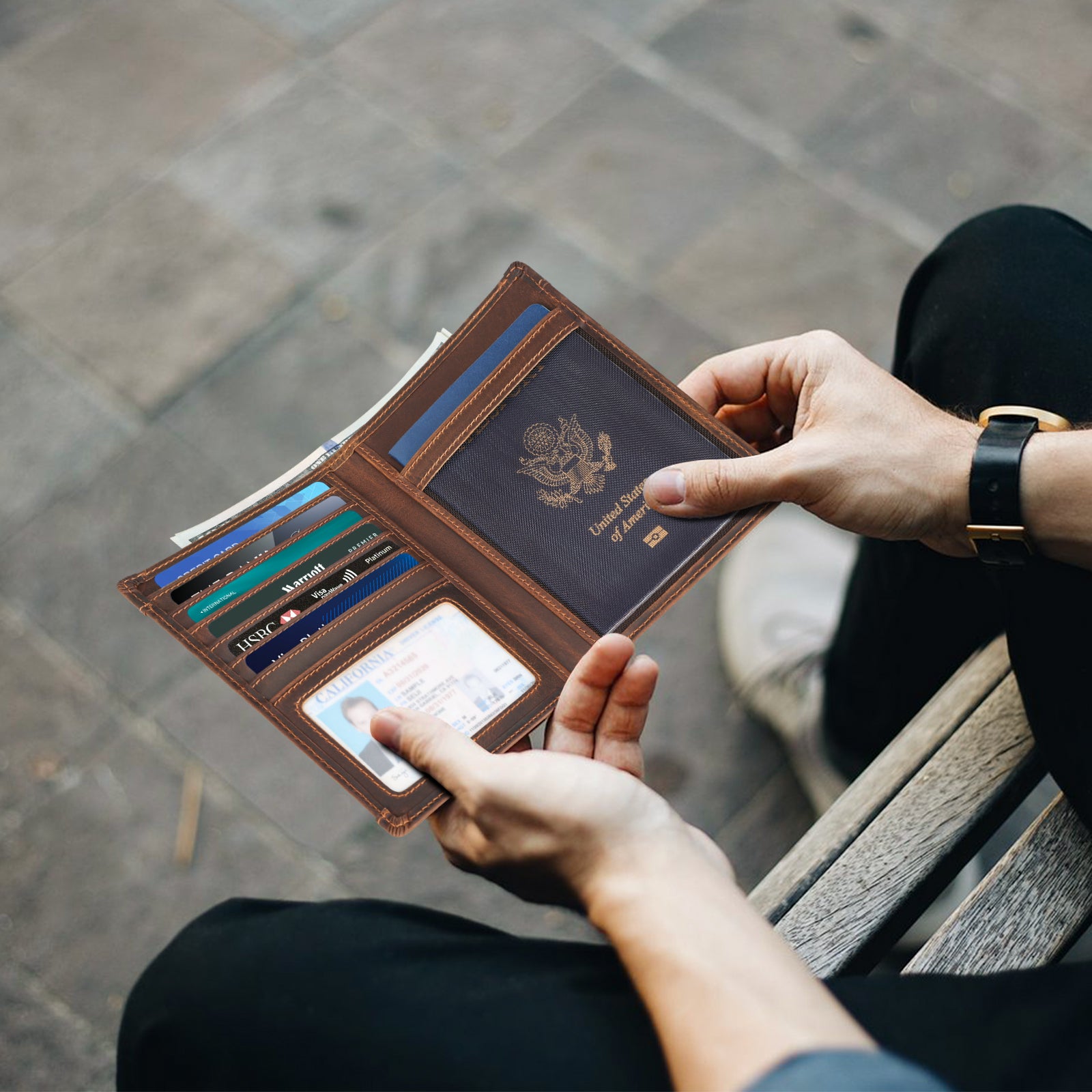 Leather Trim Canvas Passport Holder Travel Wallet (Model Display)