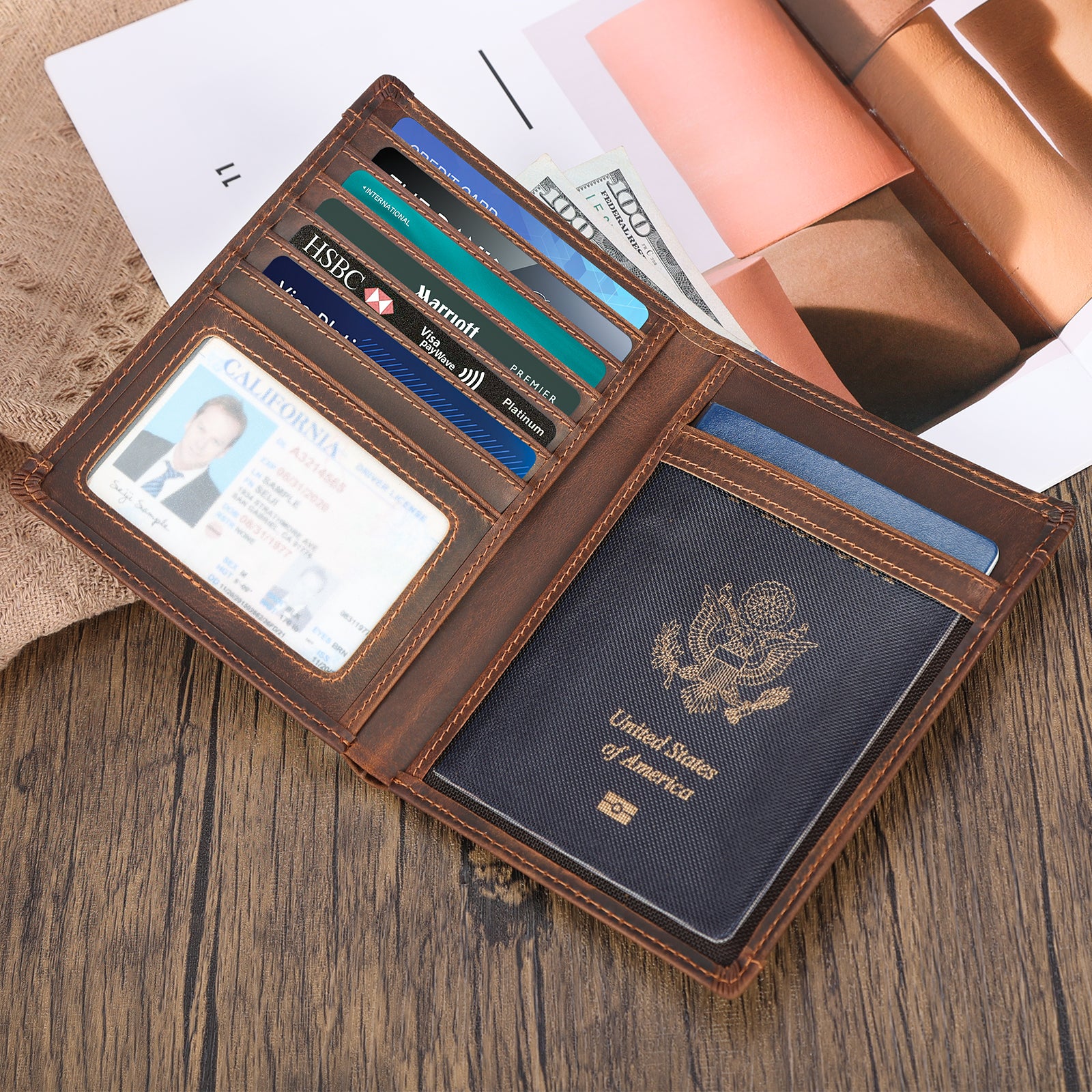 Leather Trim Canvas Passport Holder Travel Wallet (Scenario Shows)