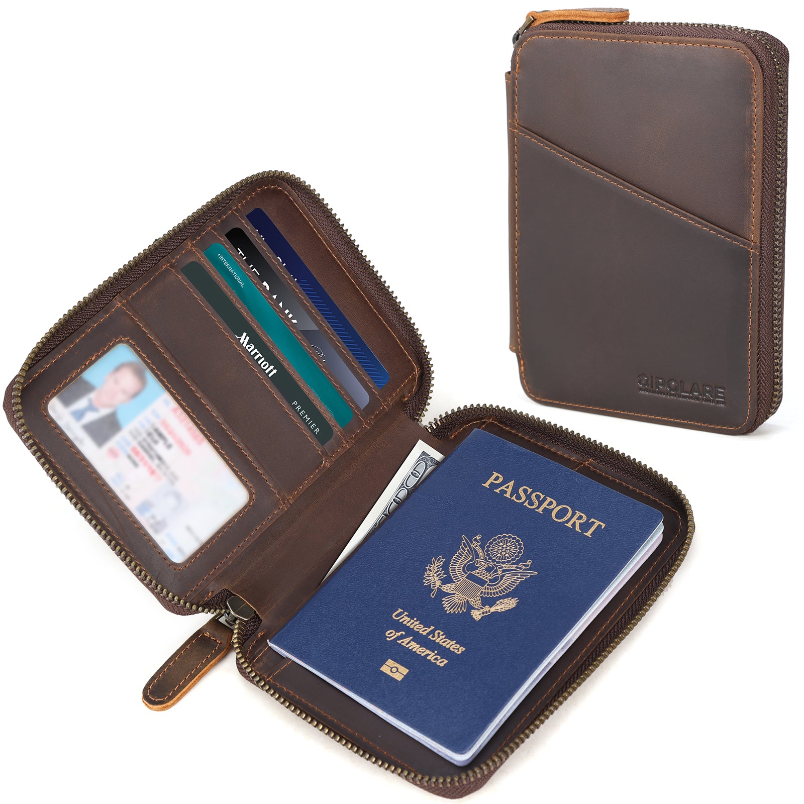Full Grain Leather Travel Bifold Passport Holder with YKK Zipper