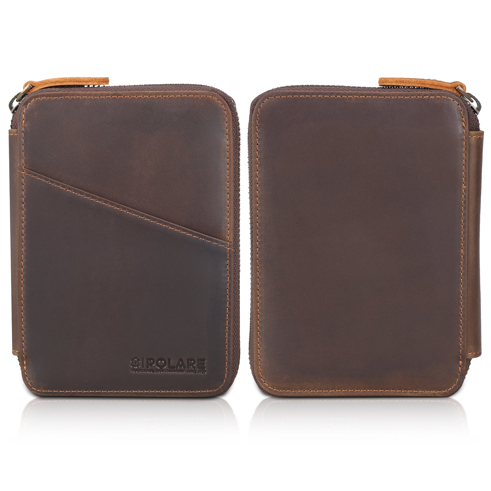 Full Grain Leather Travel Bifold Passport Holder with YKK Zipper (Front/Back)