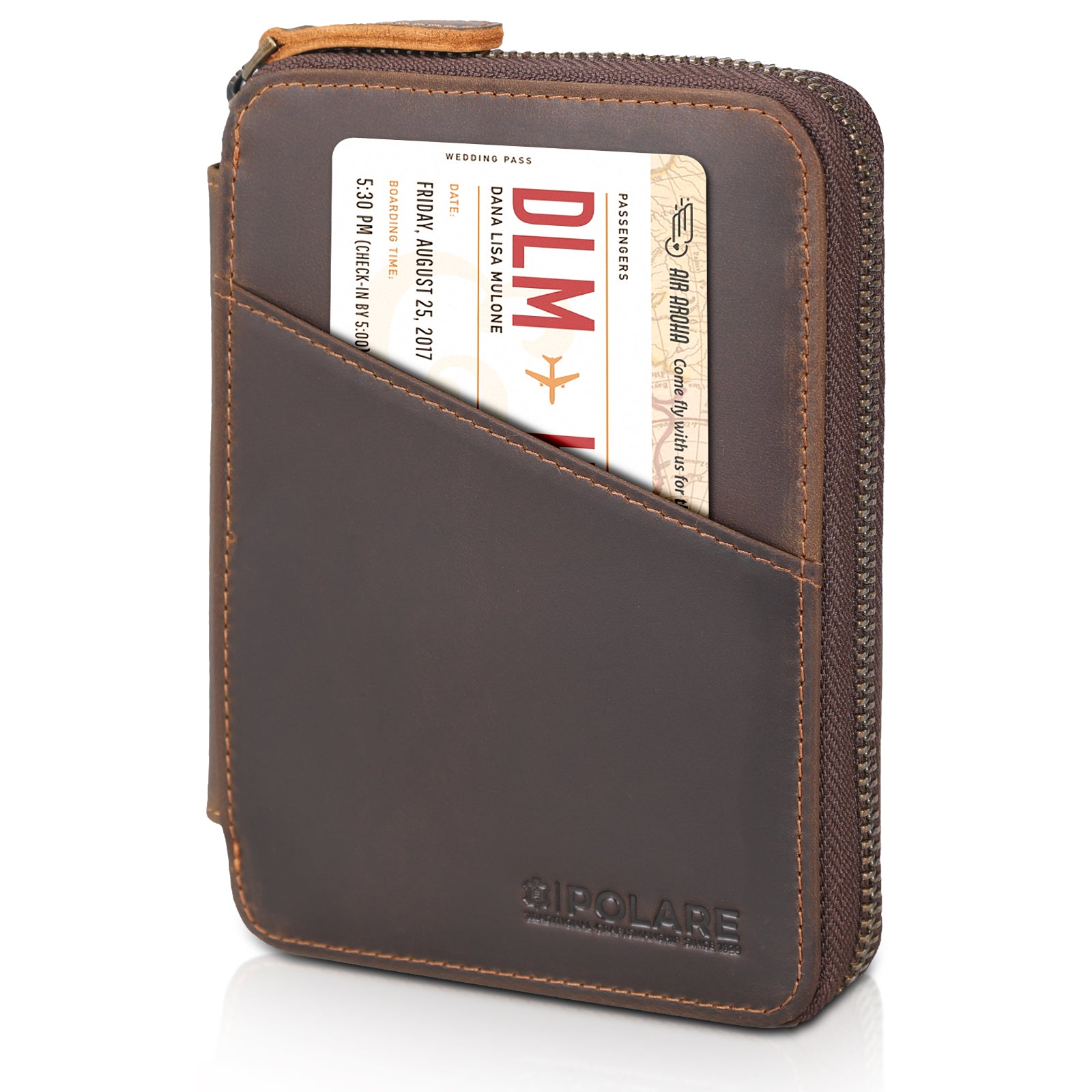 Full Grain Leather Travel Bifold Passport Holder with YKK Zipper