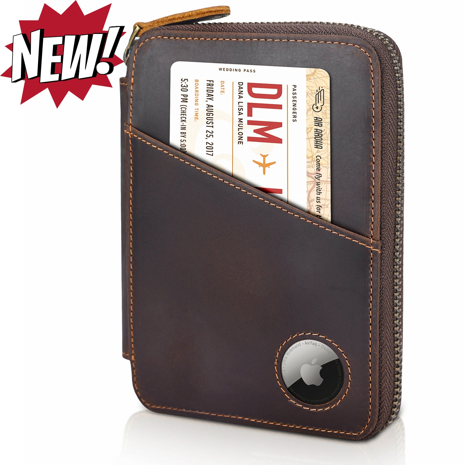 Full Grain Leather RFID Blocking Passport Wallet with AirTag Slot