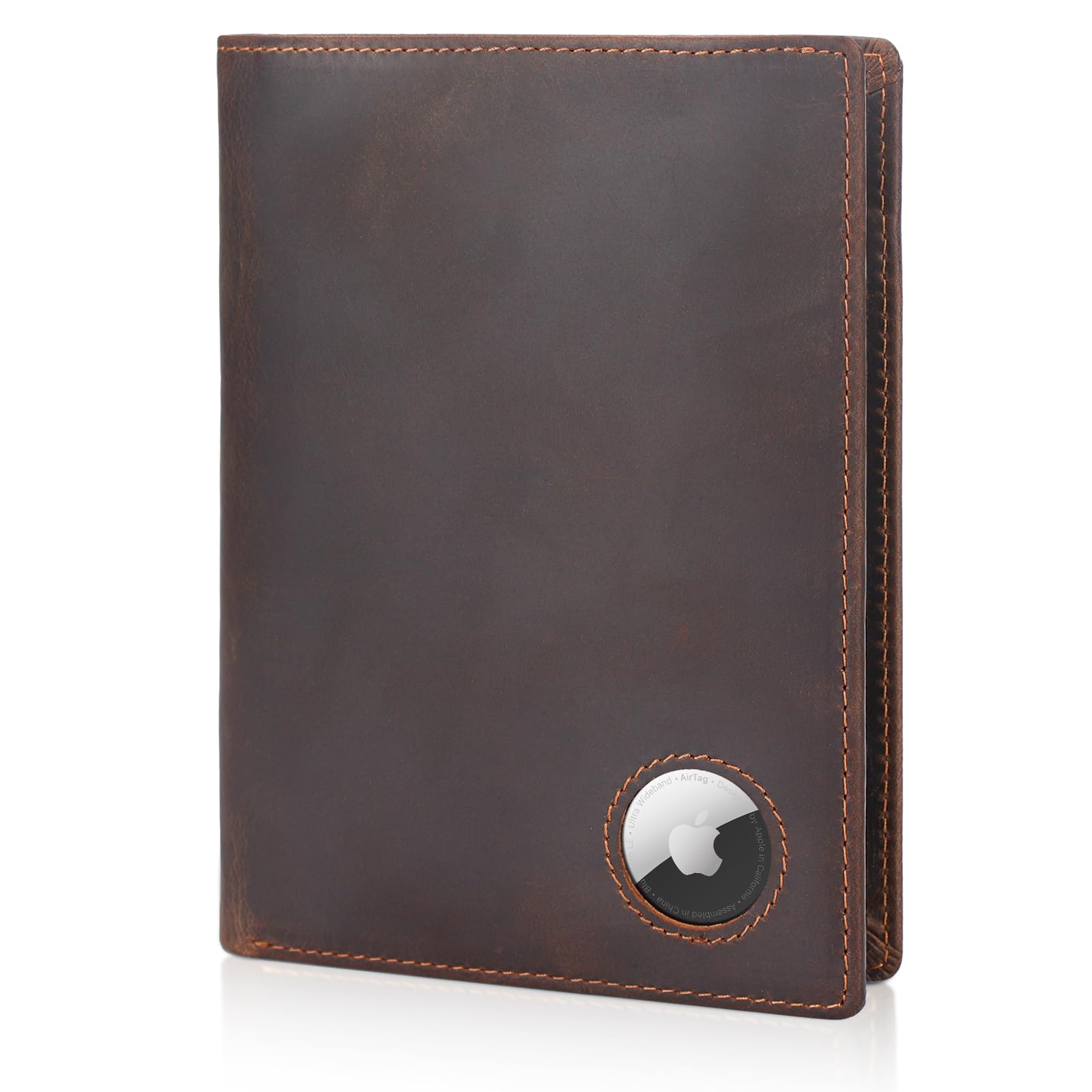 Luxury RFID Blocking Leather Passport Holder Travel Wallet with AirTag Slot (Dark Brown)