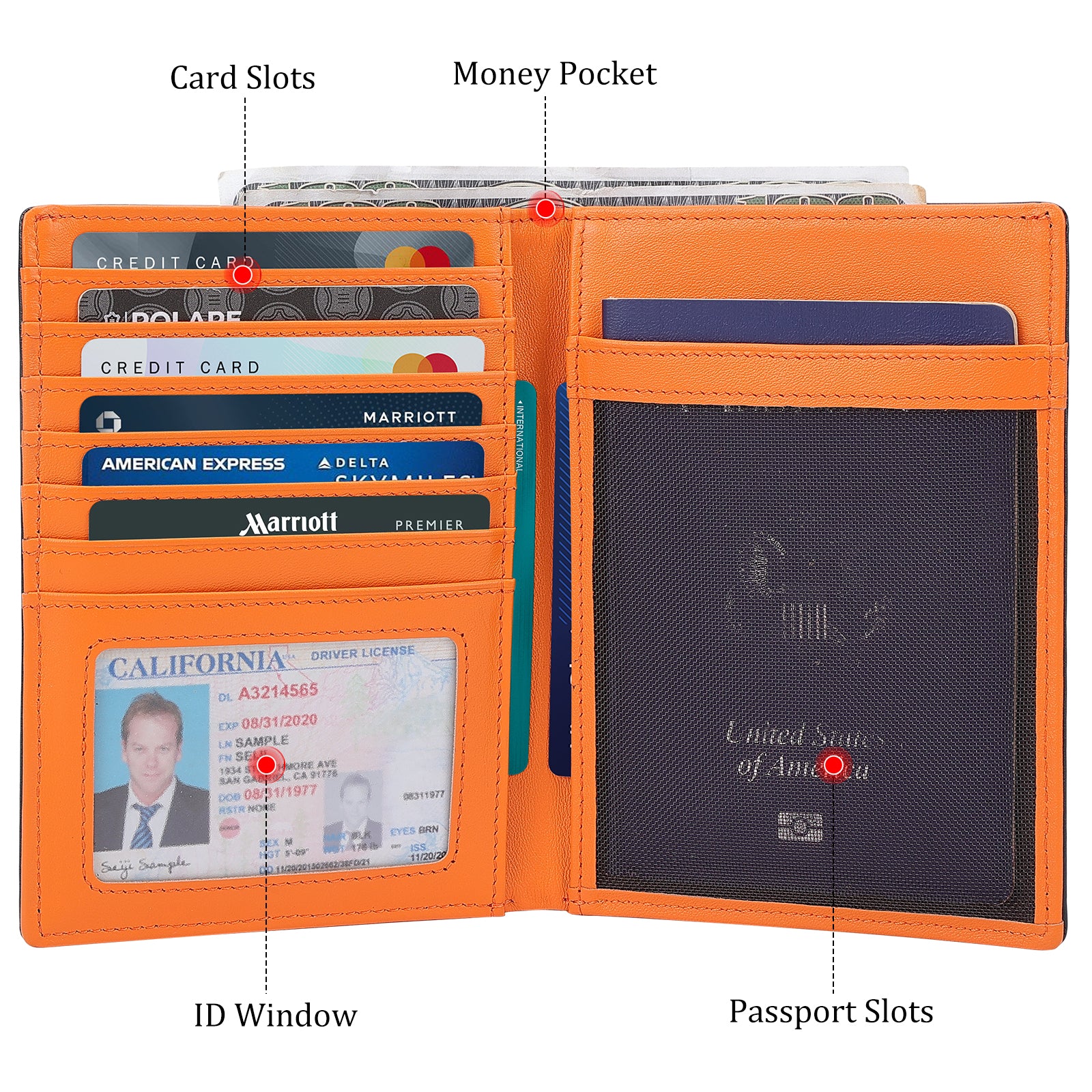 Luxury RFID Blocking Leather Passport Holder Travel Wallet with AirTag Slot (Black/Brown,Inside)