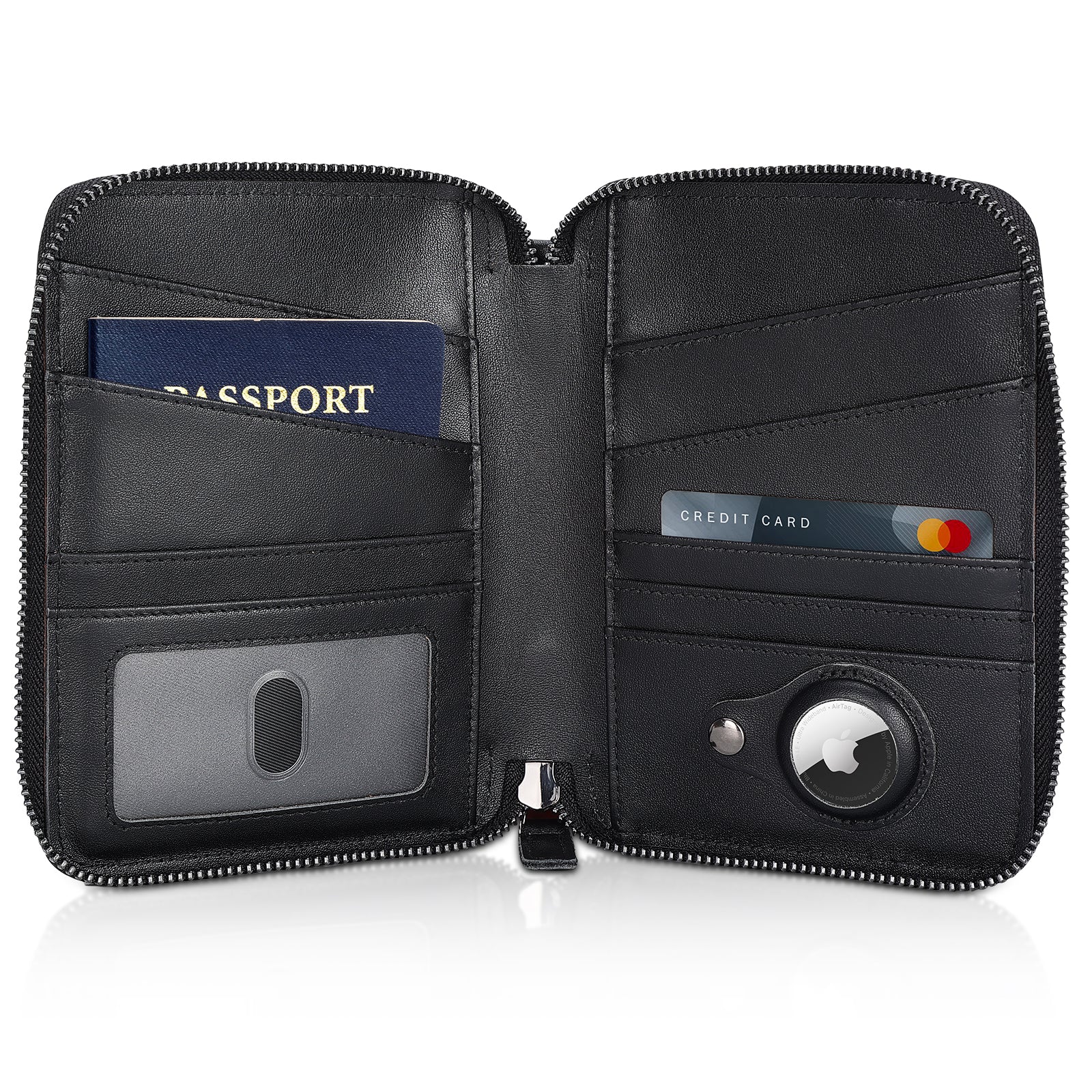 Leather Family Passport Wallet for 4 Passports with AirTag Slot (Black)