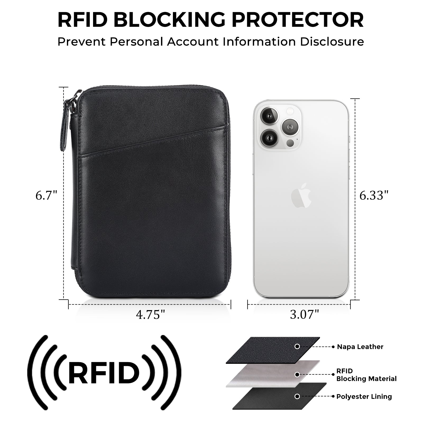 Leather Family Passport Wallet for 4 Passports with AirTag Slot (Black,Dimension)