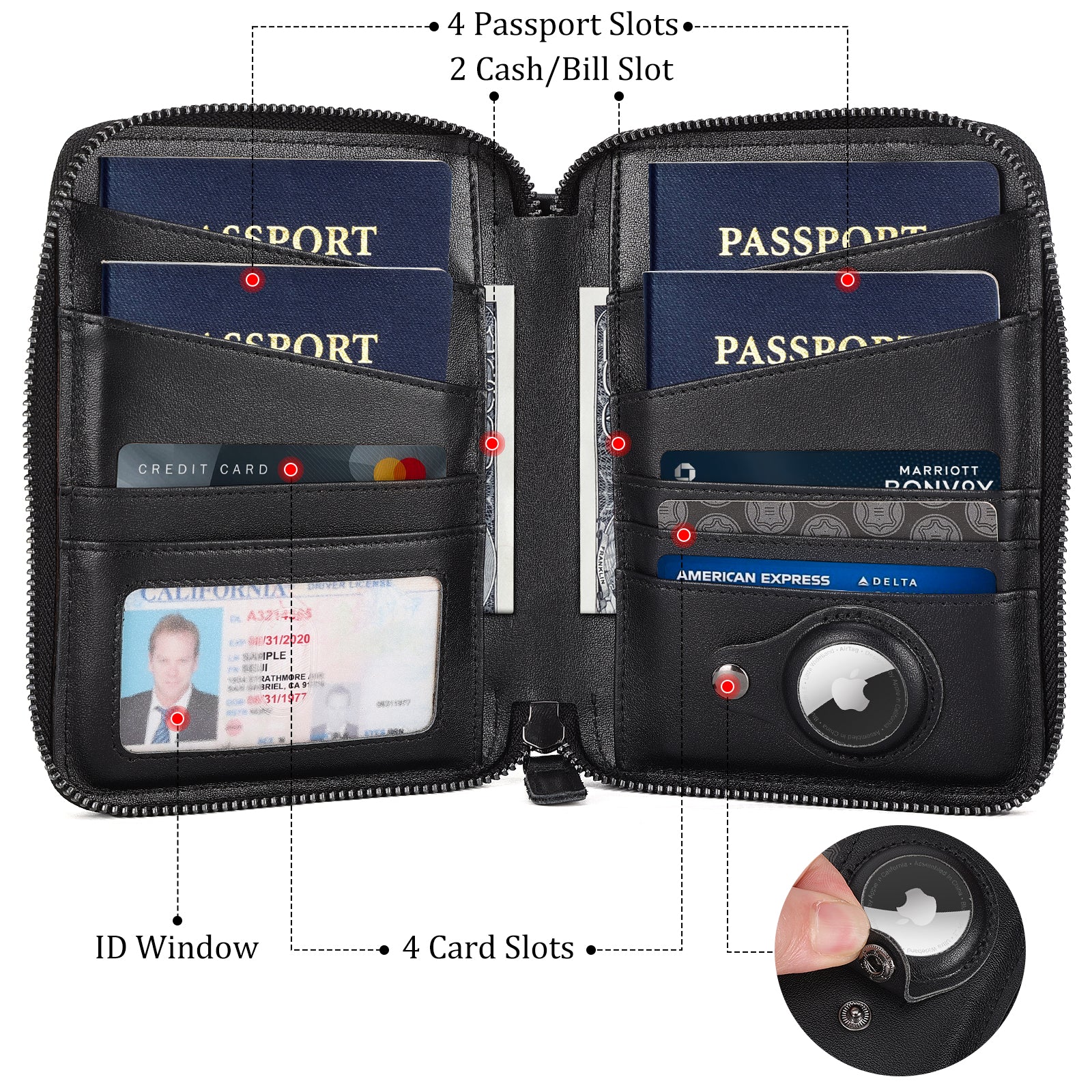 Leather Family Passport Wallet for 4 Passports with AirTag Slot (Black,Inside)