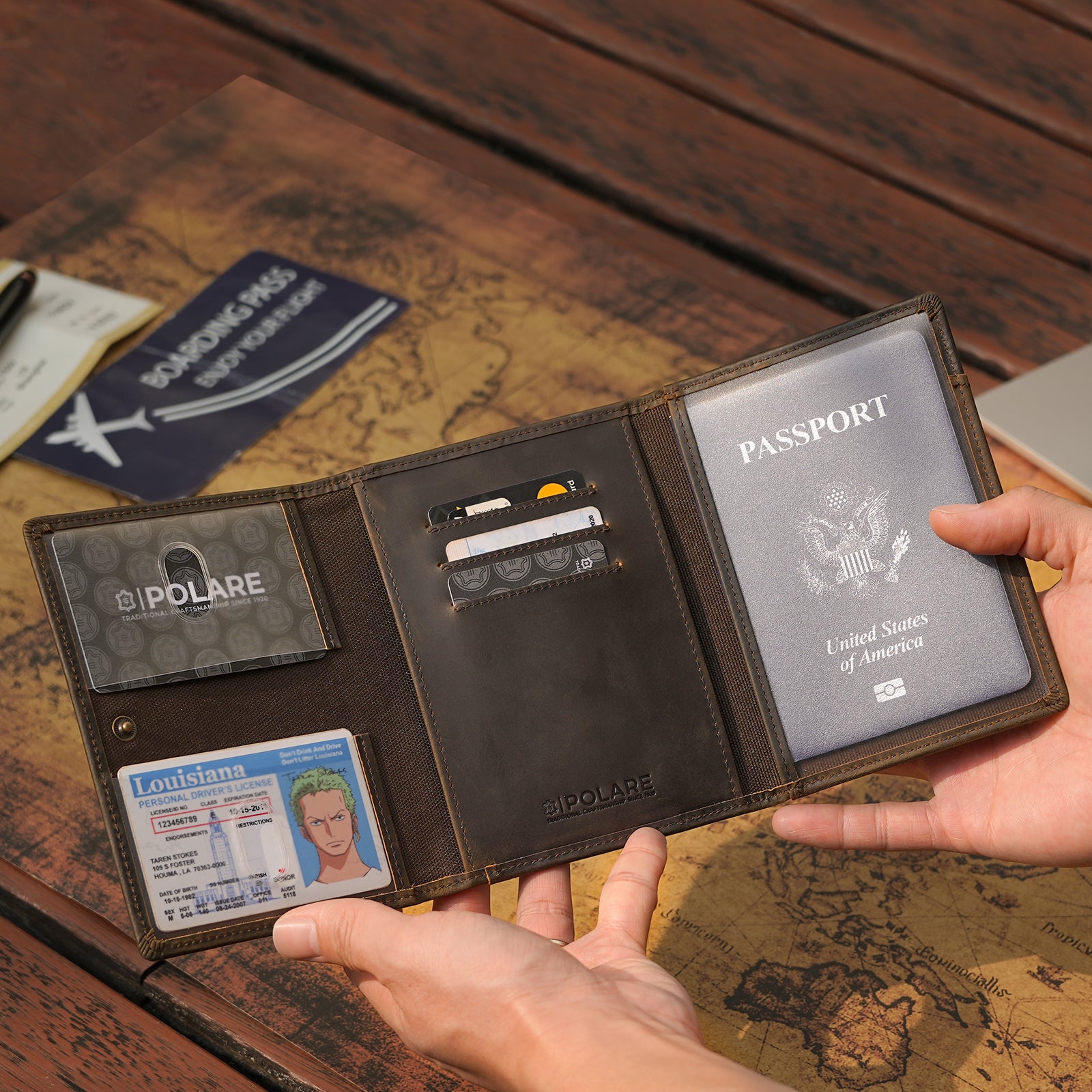 Leather Pilot Wallet Passport Holder Tri-fold Travel Cover (Dark Brown,Model Display)