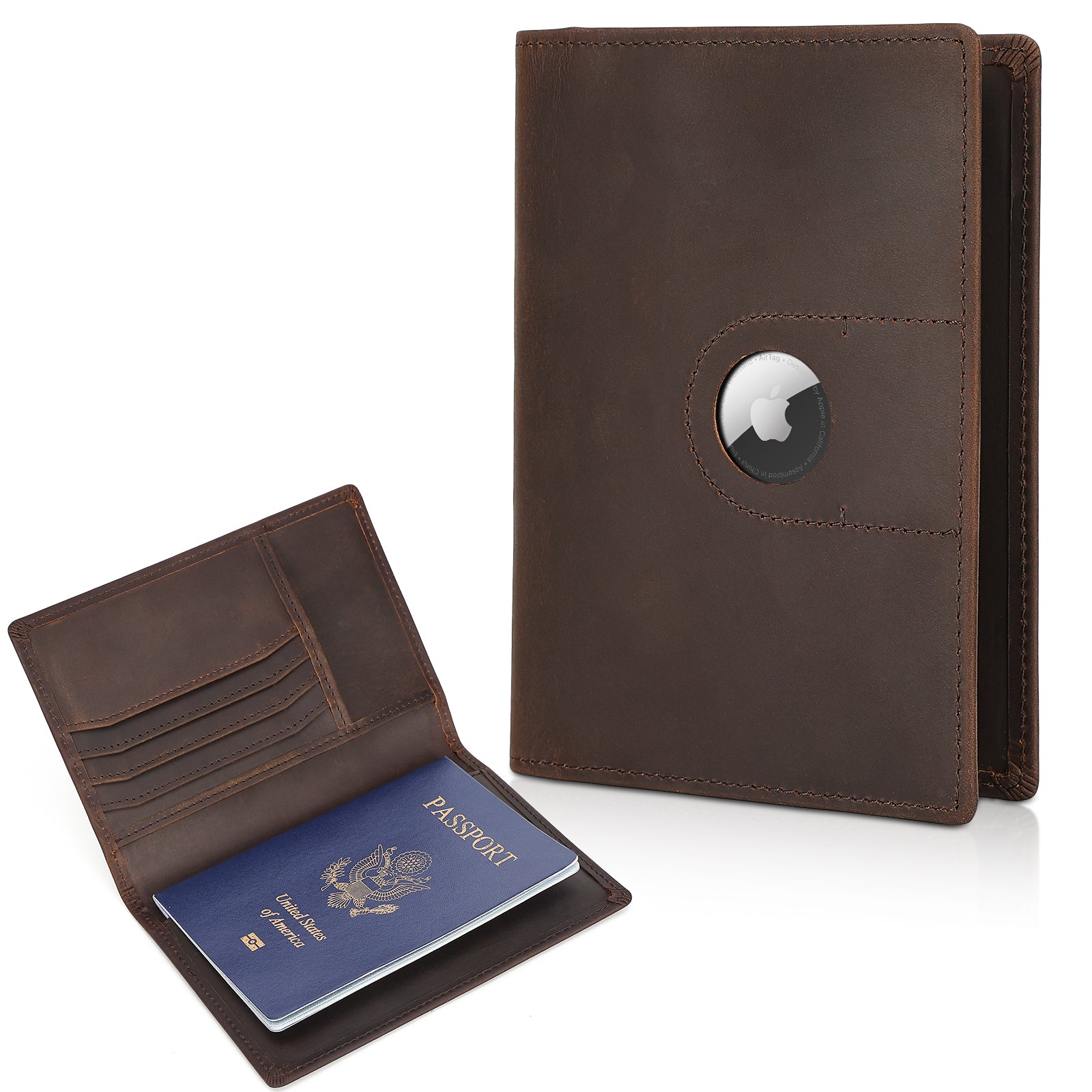 Leather Passport Holder Travel Bifold Wallet with AirTag Slot