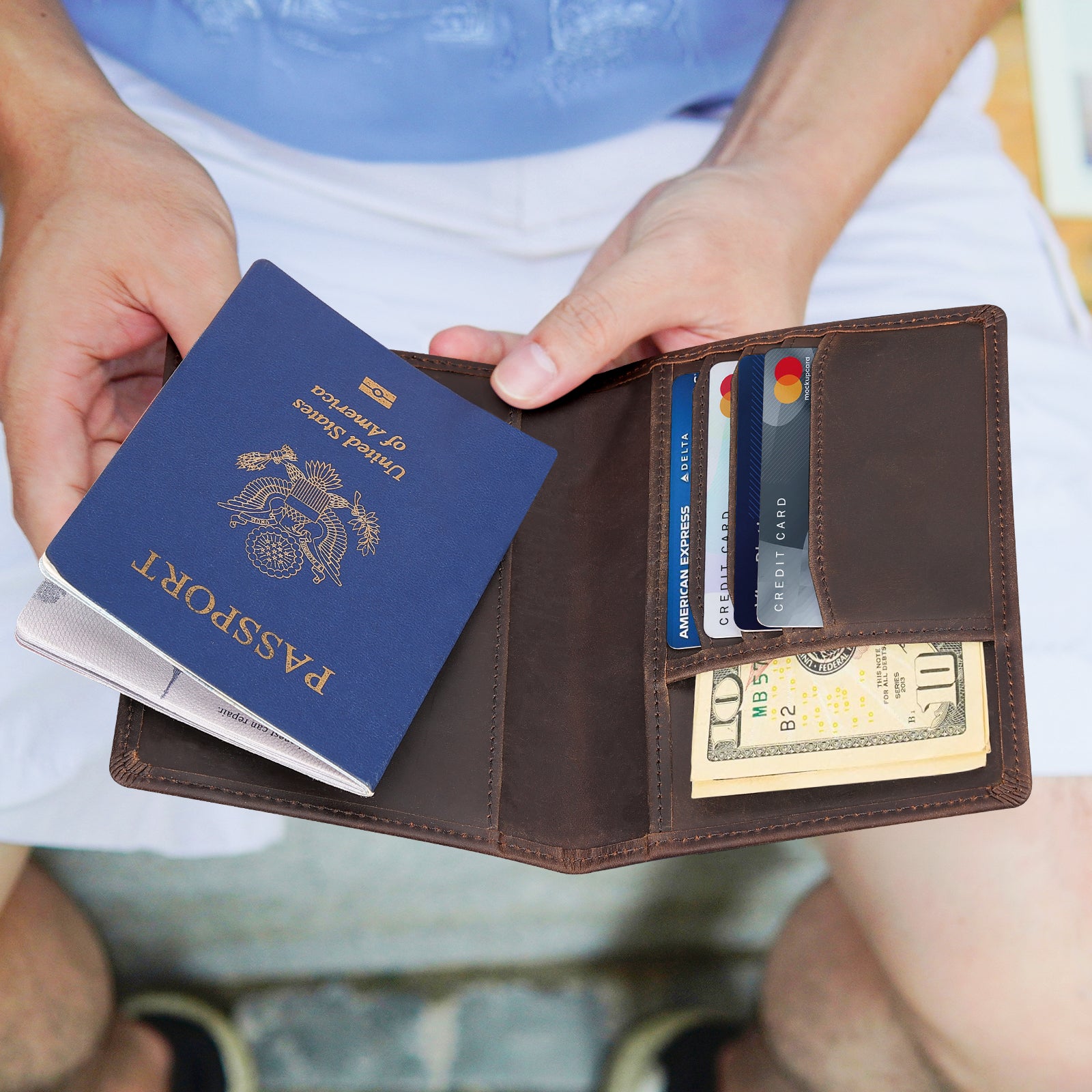 Leather Passport Holder Travel Bifold Wallet with AirTag Slot (Model Display)