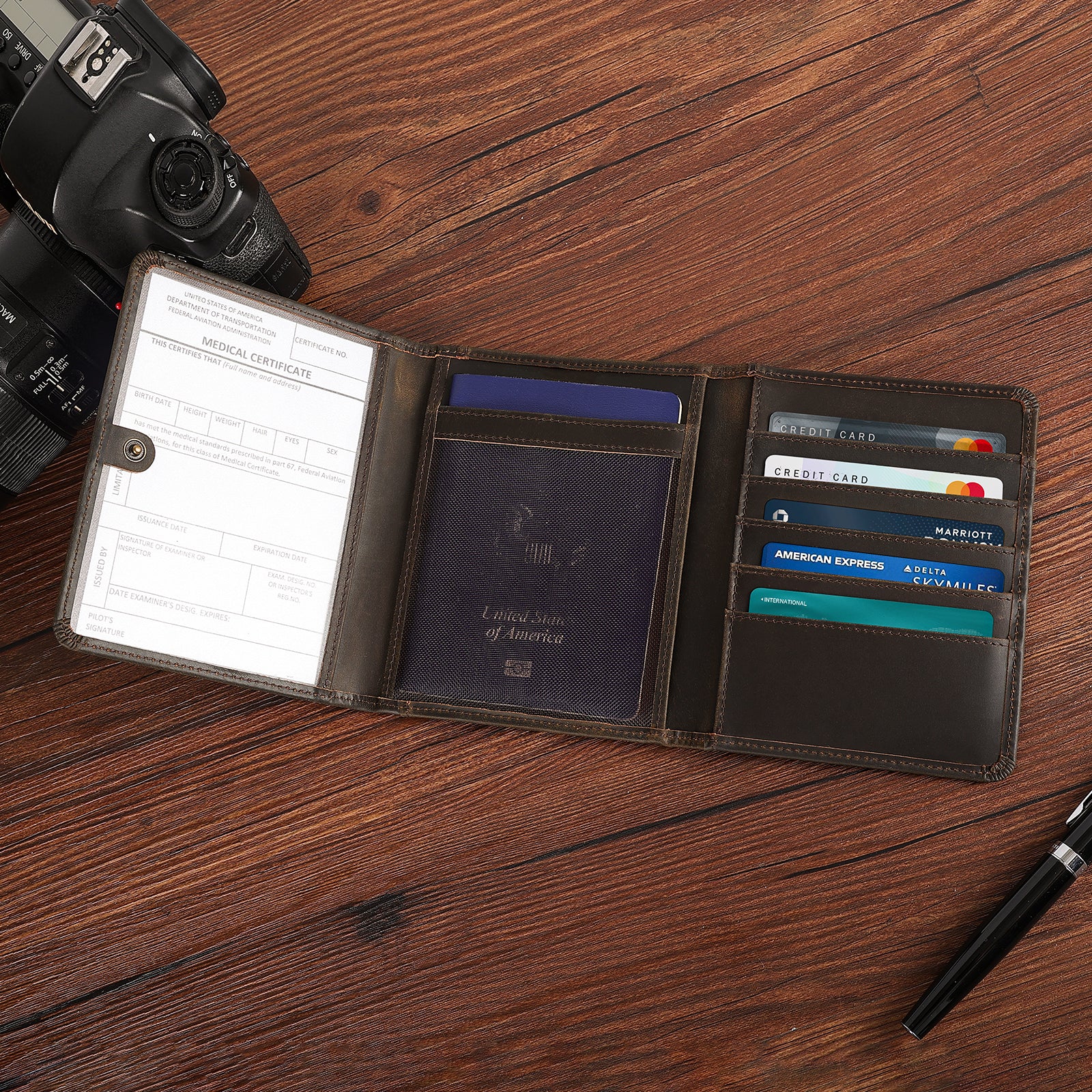 Leather Pilot Wallet Passport Holder RFID Blocking Trifold Wallet (Scenario Shows)