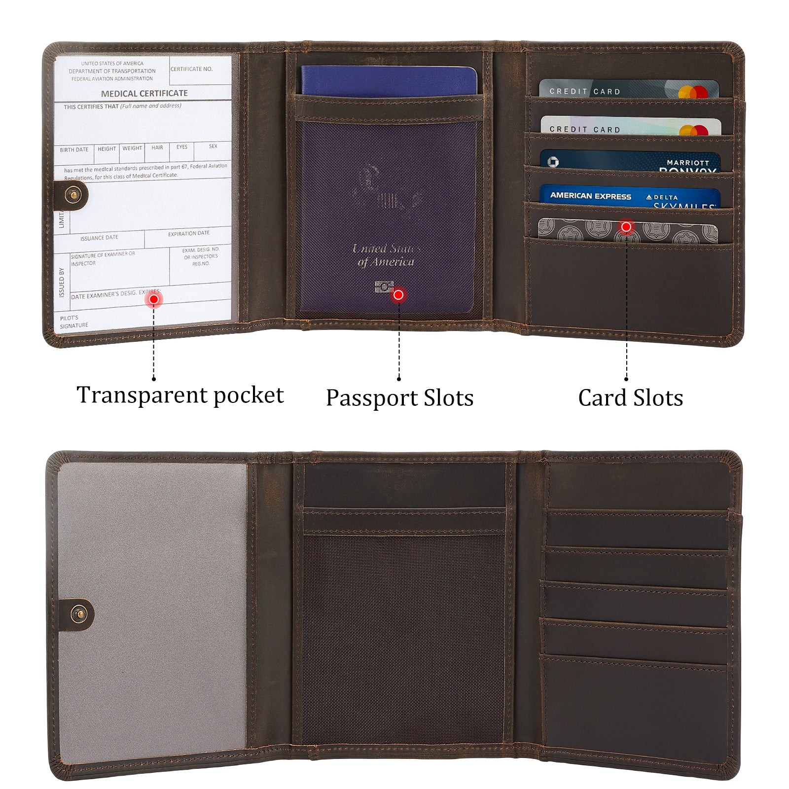 Leather Pilot Wallet Passport Holder RFID Blocking Trifold Wallet (Inside)
