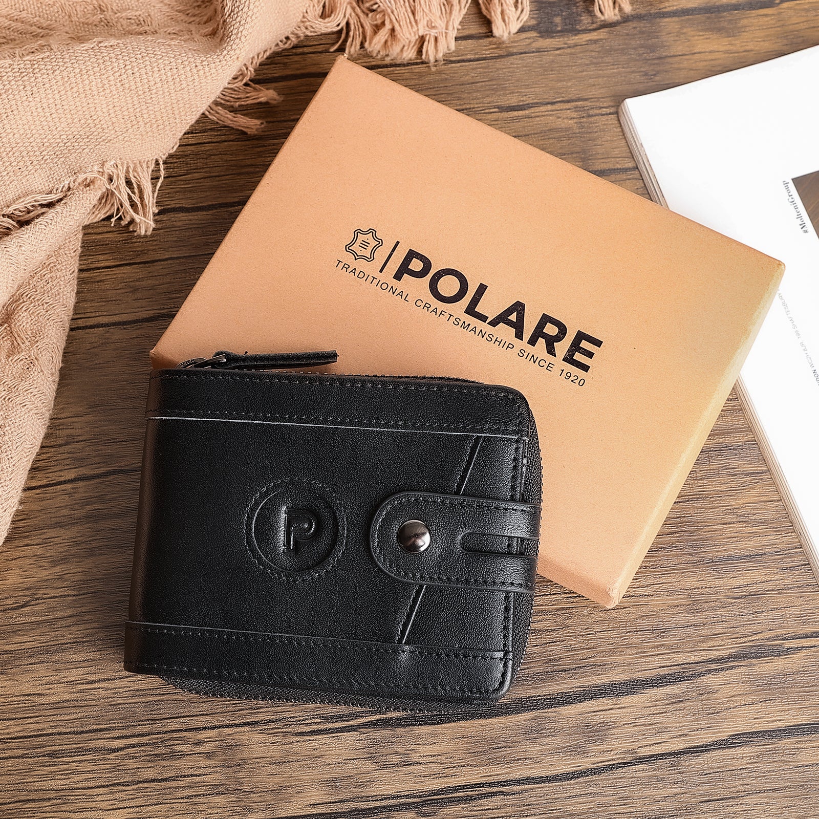 Leather Bifold Wallet RFID Blocking Card Case with AirTag Slot (Black,Gift Box)