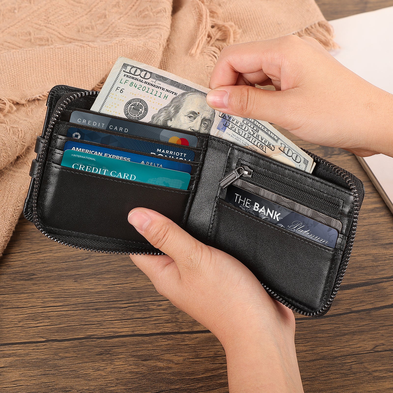 Leather Bifold Wallet RFID Blocking Card Case with AirTag Slot (Black,Scenario Shows)