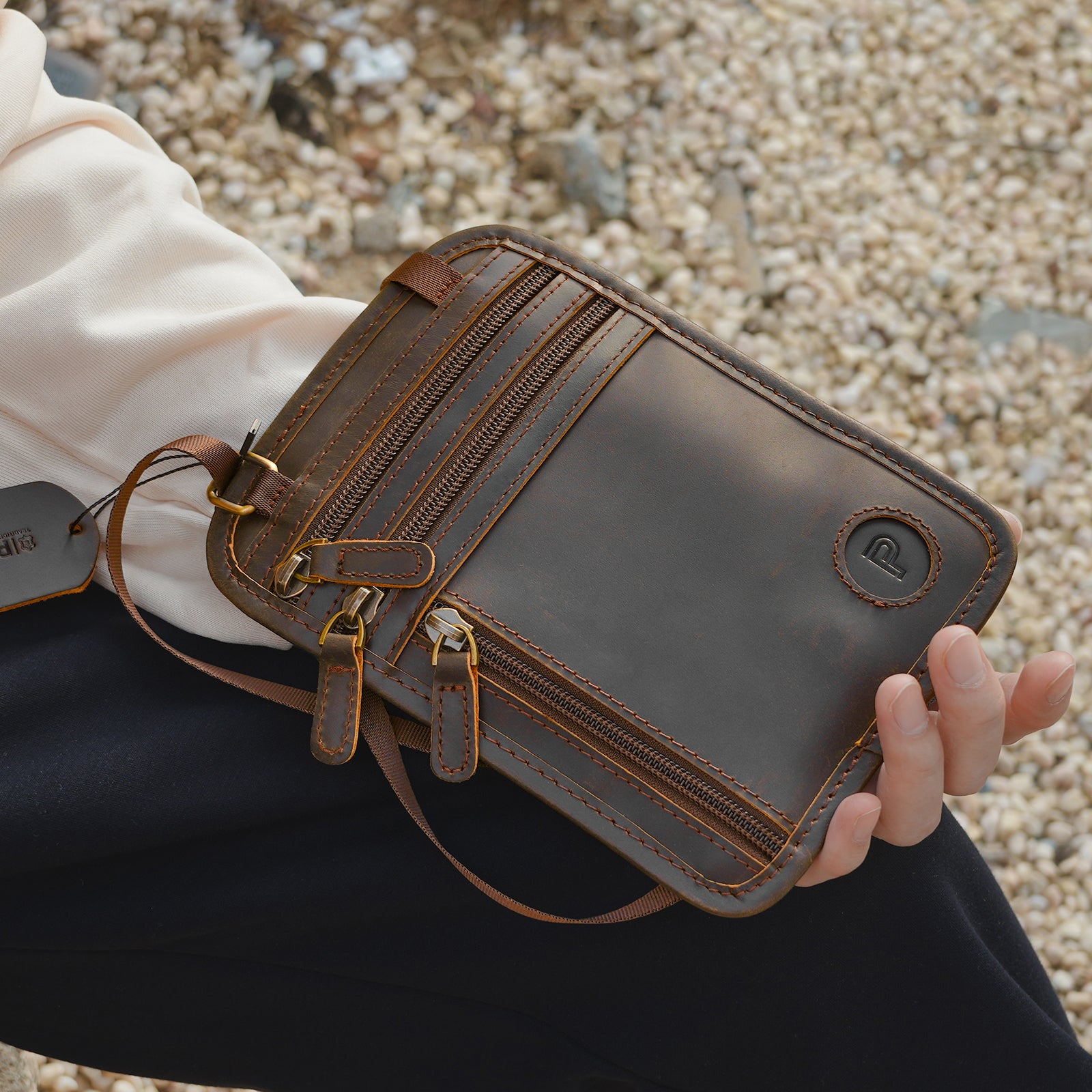 Polare Full Grain Leather Neck Wallet Travel Pouch for Men (Black,Model Display)