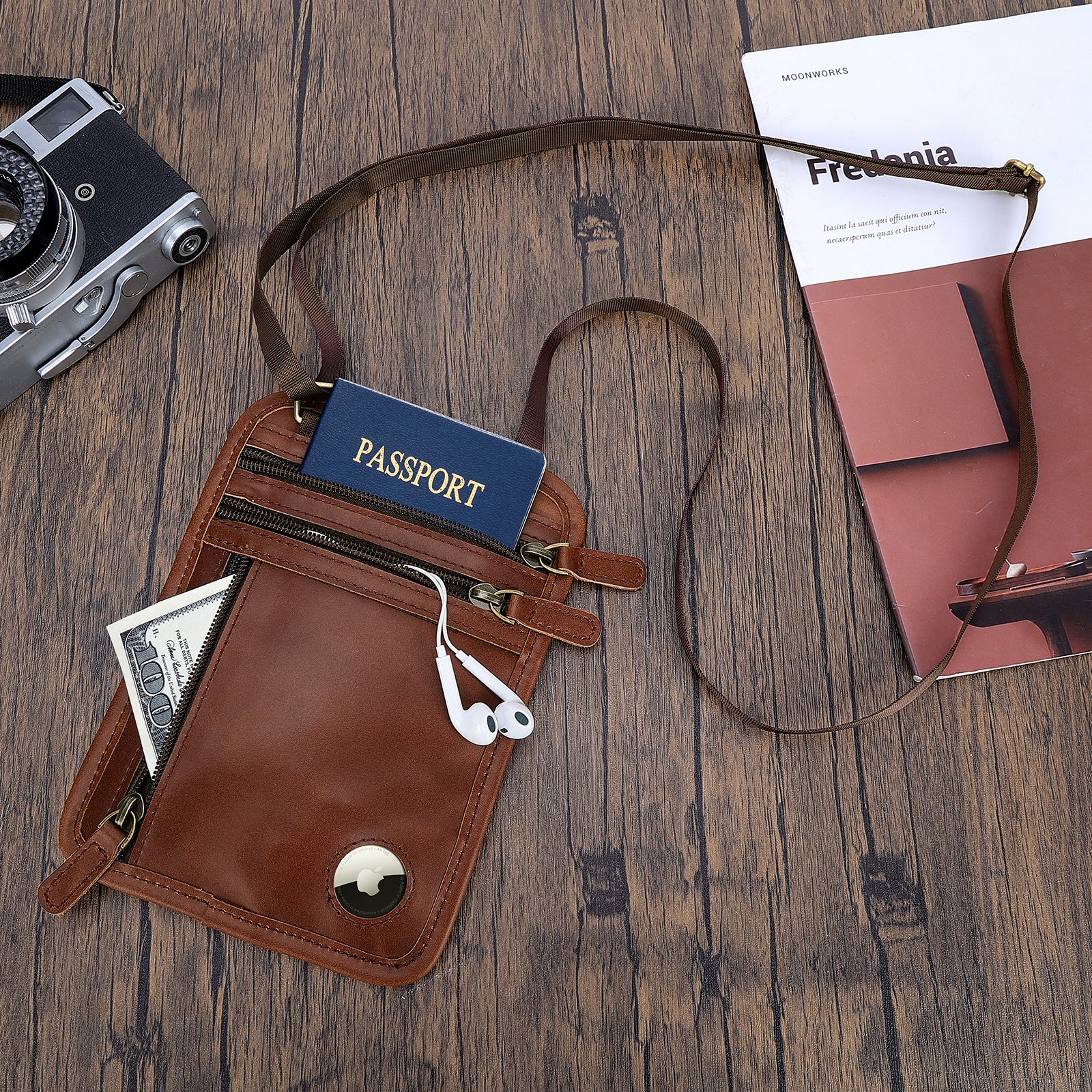 Polare Full Grain Leather Neck Wallet RFID Blocking Passport Holder Travel Pouch for Men (Dark Brown/Black)