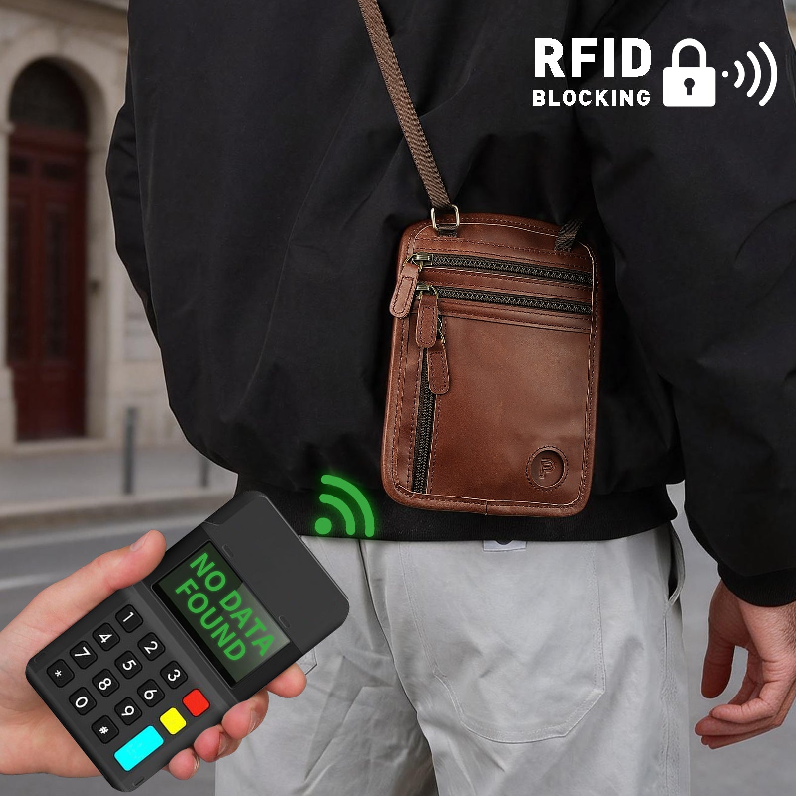 Polare Full Grain Leather Neck Wallet RFID Blocking Passport Holder Travel Pouch for Men (Dark Brown/Black)