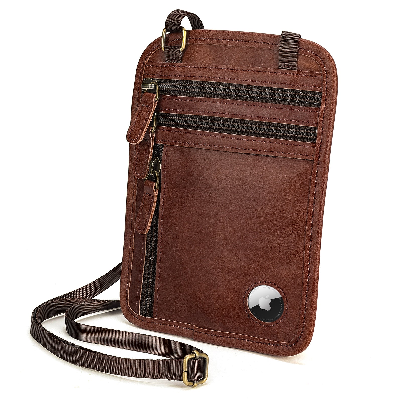 Polare Full Grain Leather Neck Wallet RFID Blocking Passport Holder Travel Pouch for Men (Dark Brown/Black)