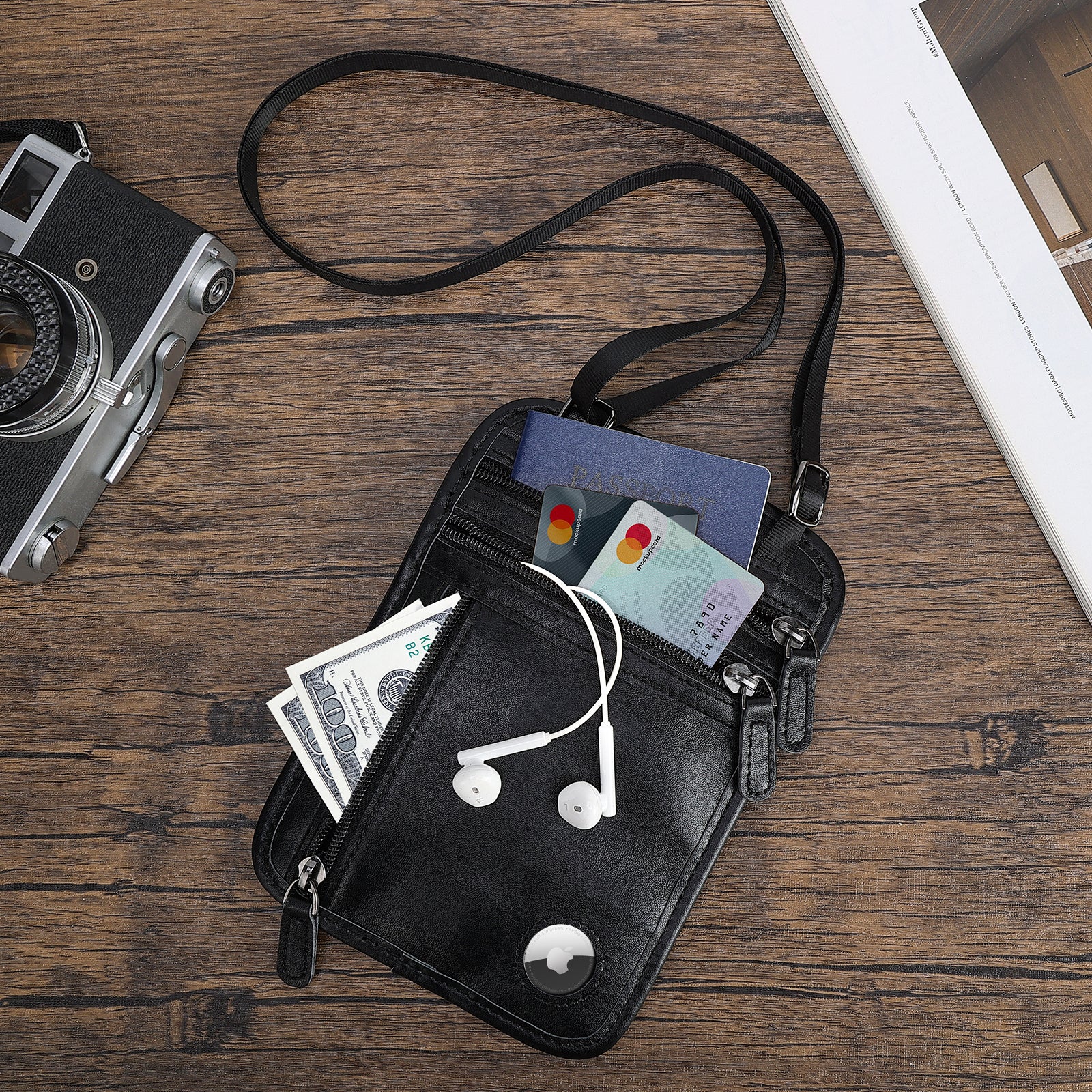 Polare Full Grain Leather Neck Wallet Travel Pouch for Men (Black,Scenario Shows)