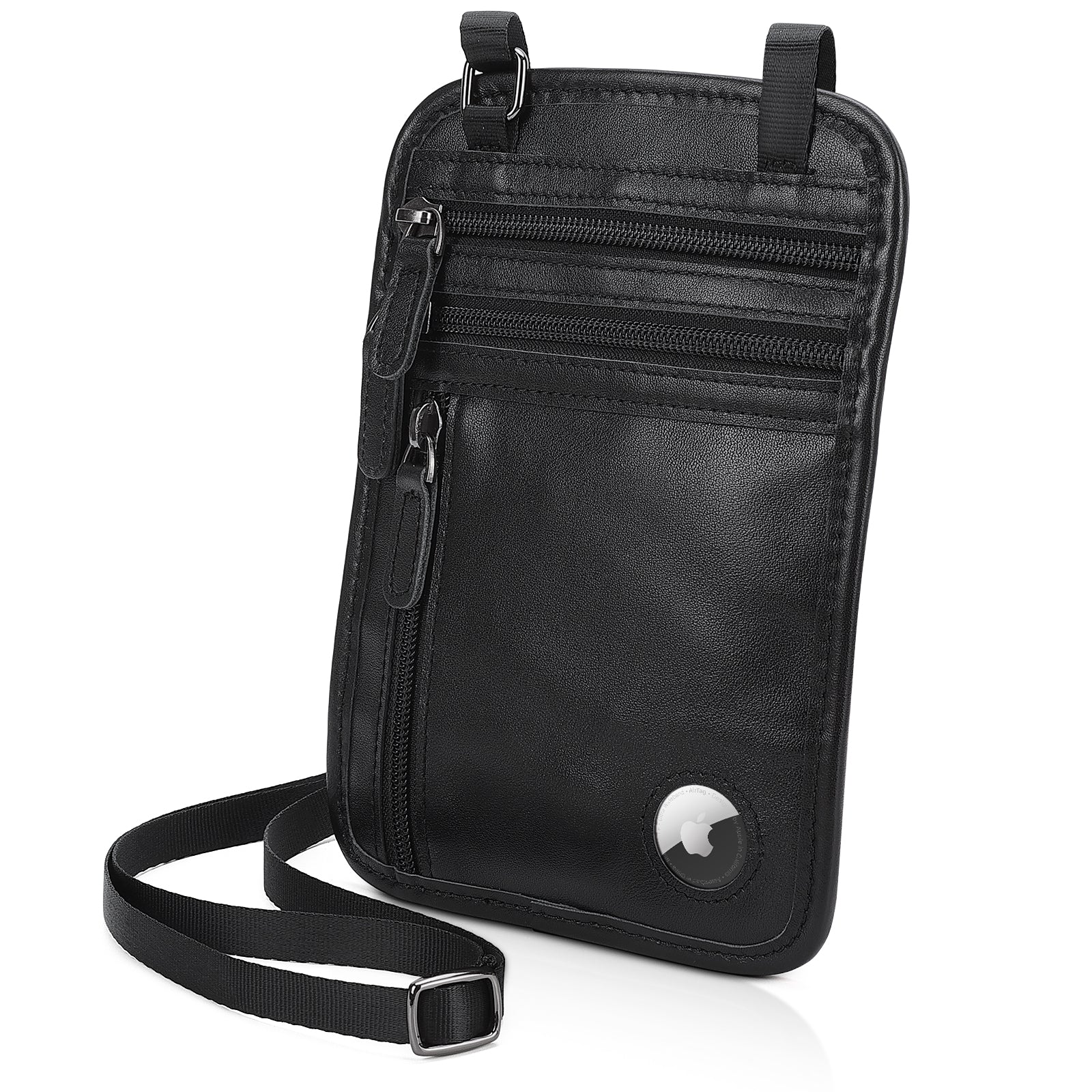 Polare Full Grain Leather Neck Wallet Travel Pouch for Men (Black)