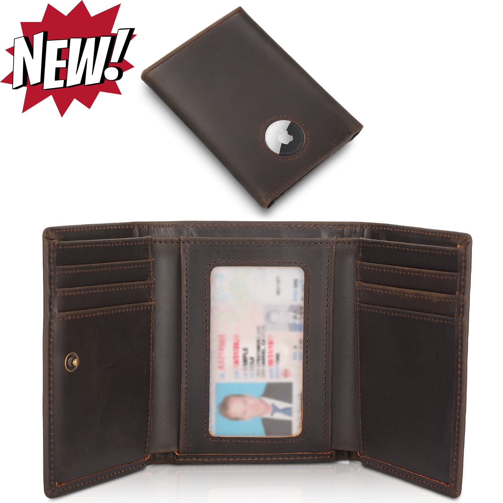 Full Grain Leather Trifold Wallet RFID Blocking with AirTag Slot