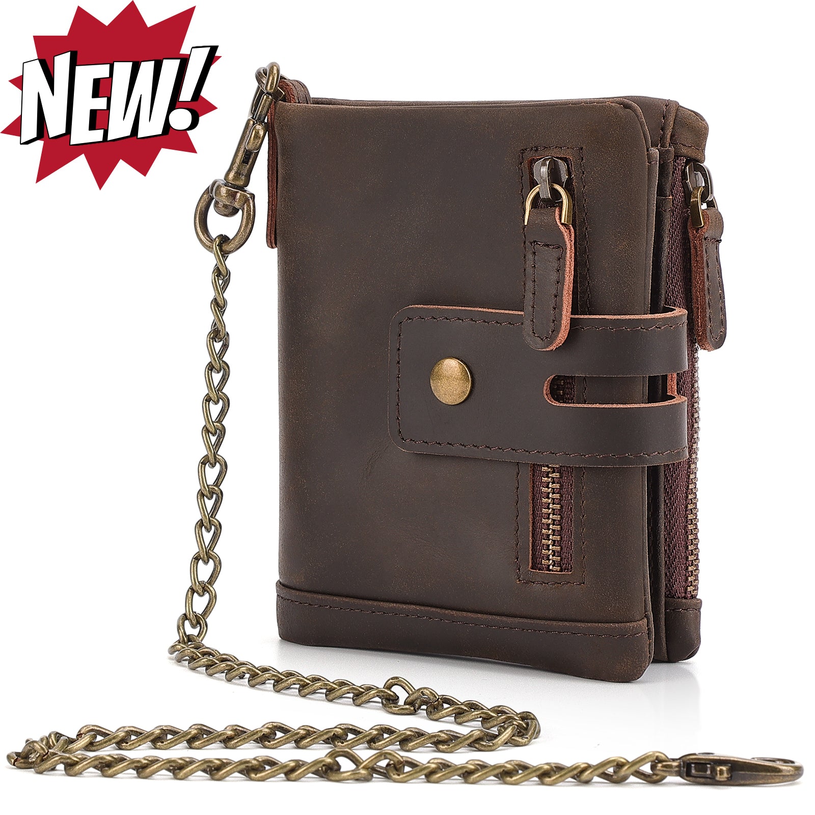 Leather Anti-Theft Wallet with Chain Travel Bifold Purse Card Case