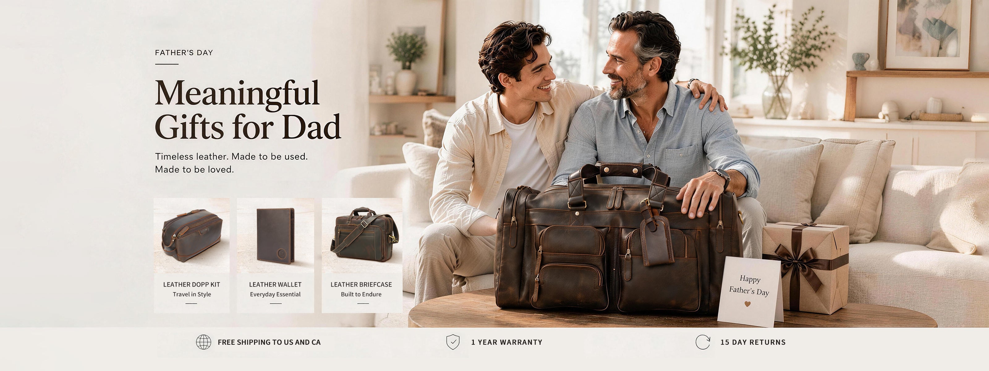 Father's Day travel gifts idea: POLARE full grain leather duffel bag, briefcase, passport holder wallet,  canvas garment bag, backpack and toiletry bag