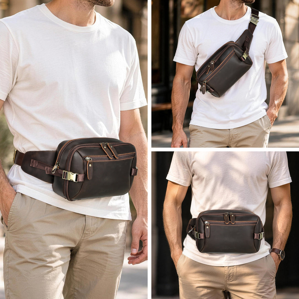 Polare Full Grain Leather RFID Anti-Theft Fanny Pack, Men's Waist and Crossbody Carry Styles