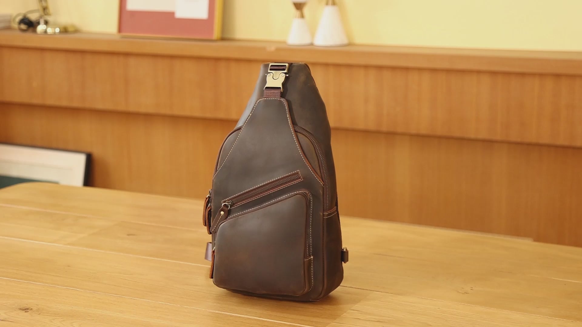 Polare Cowhide Leather Sling Chest Shoulder Bag Waterproof Anti Theft  Crossbody Casual Daypack
