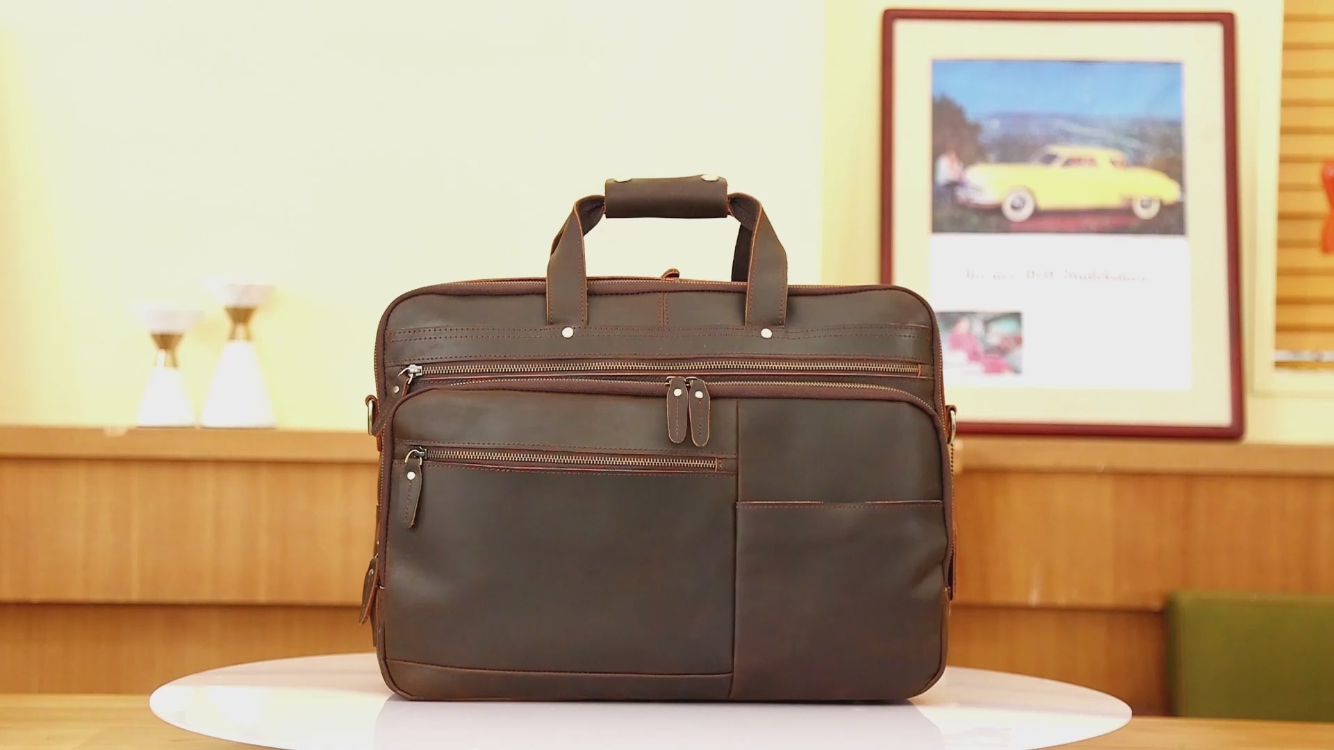 Polare Large Full Grain Leather Briefcase For Men Business Travel Case