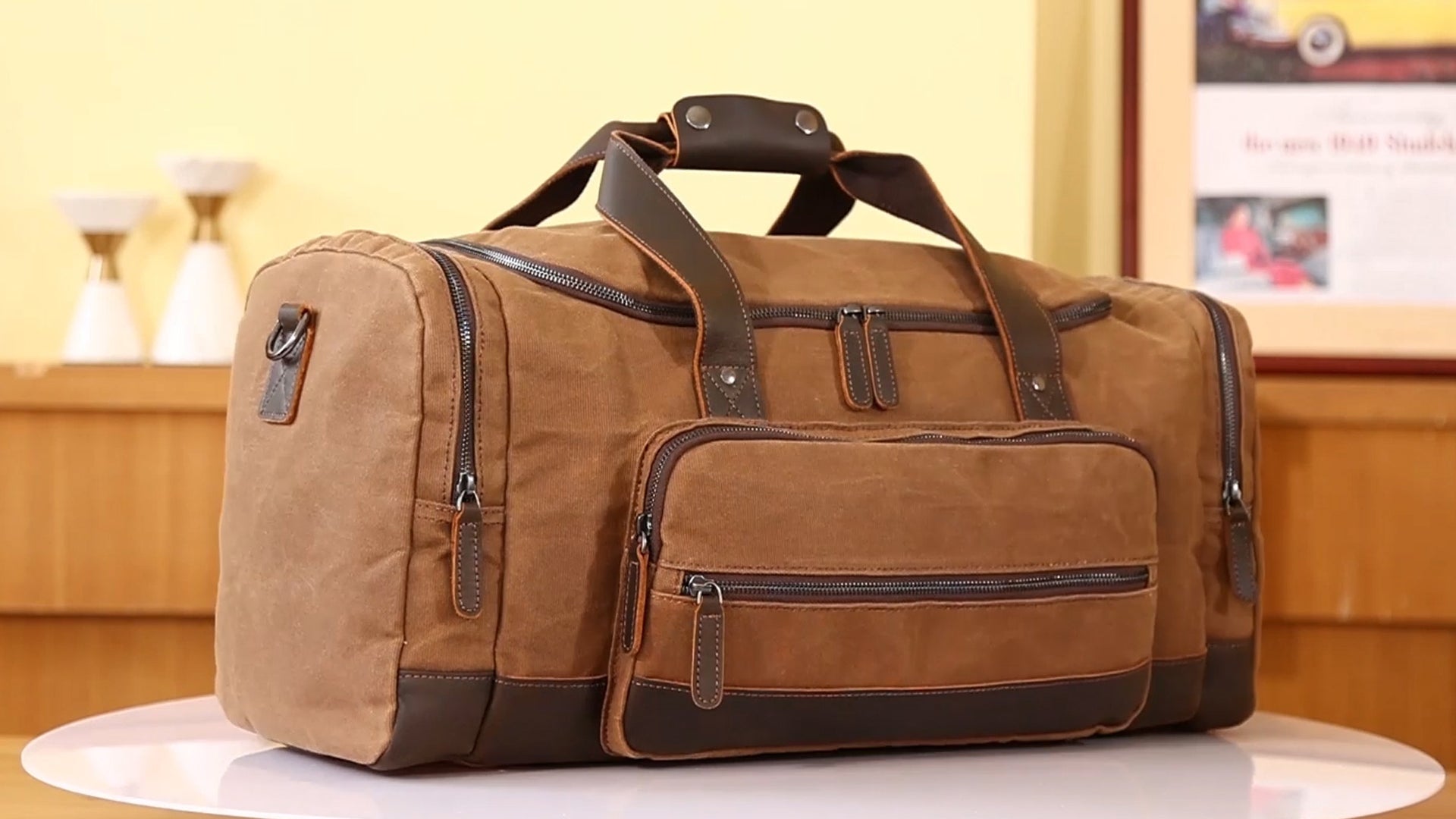 23" Travel Waxed Canvas Cowhide Leather 42L Trim Duffel Bag (video)