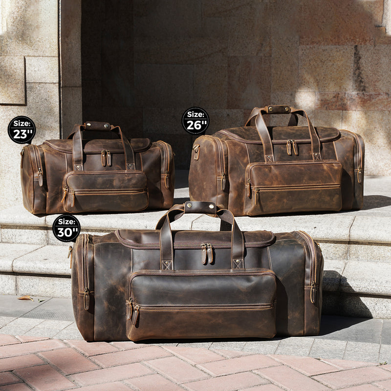 Polare 26" Full Grain Leather Gym Weekender Overnight Travel Duffel Bag (Comparison of different sizes)