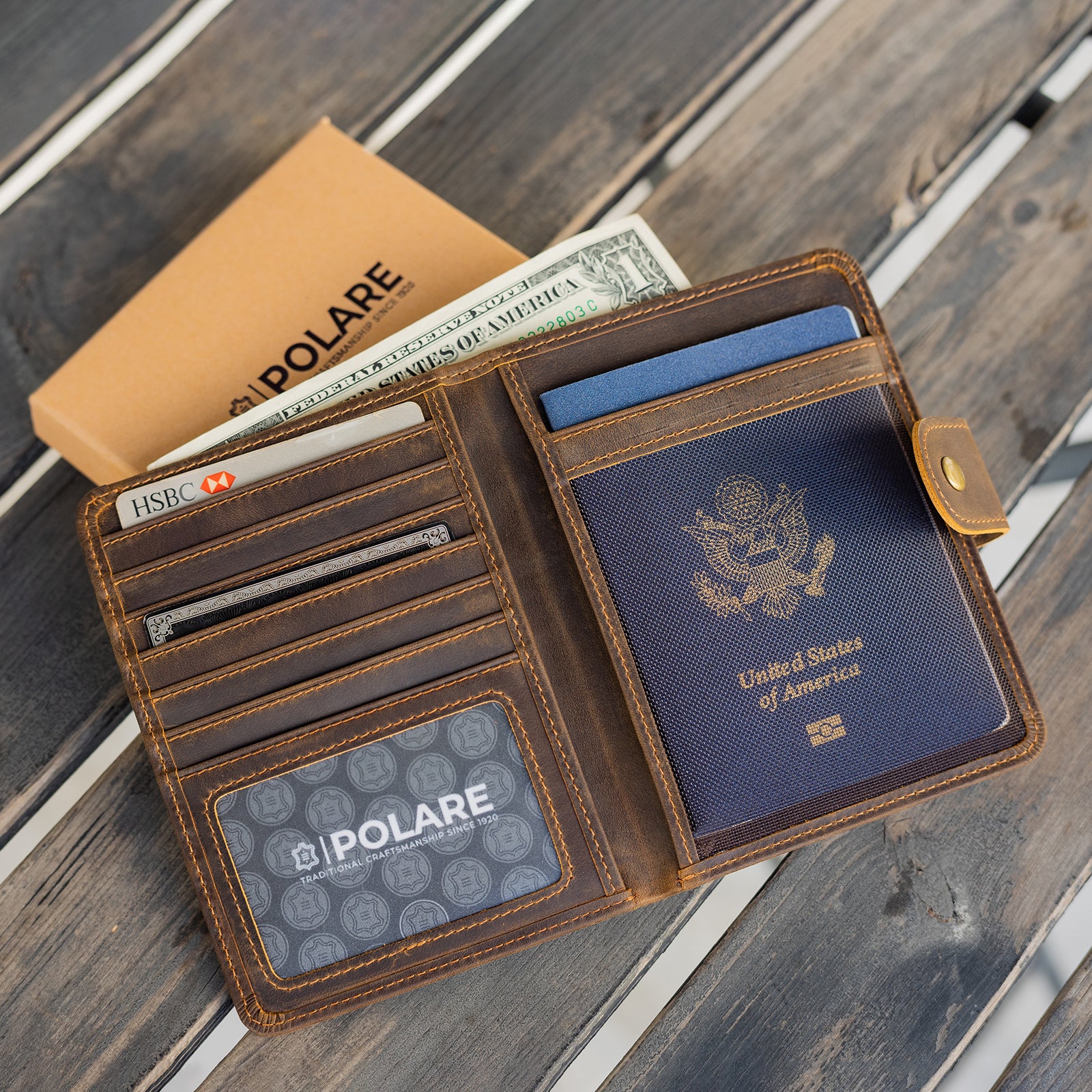 Polare Full Grain Leather Snap Bifold Travel Passport Holder (Scenario Shows)