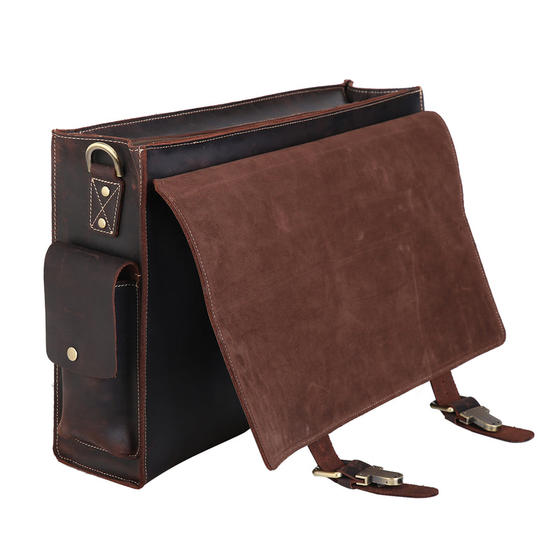 Polare Mens Leather Laptop Briefcase Business Messenger Bag (Dark Brown, Flap)