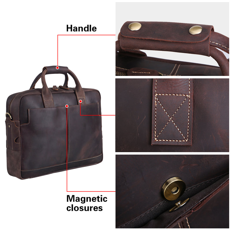 Polare Thick Authentic Genuine Leather 16'' Laptop Case Bag Briefcase (Dark Brown,Details)