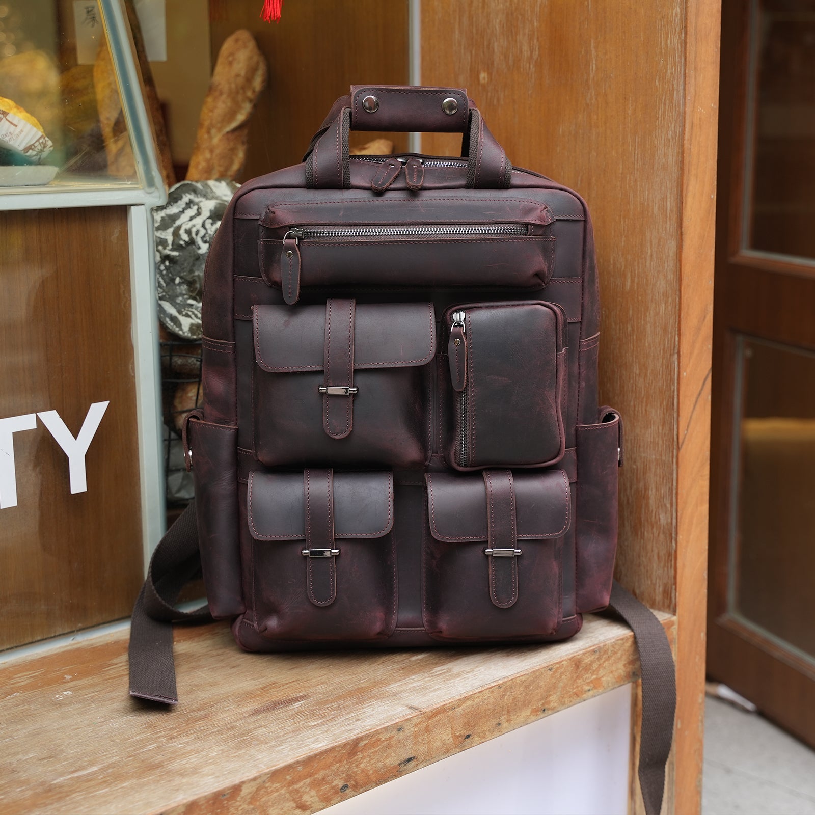 Polare Real Leather Vintage Laptop Backpack Shoulder Bag (Dark Brown,Scenario Shows) 