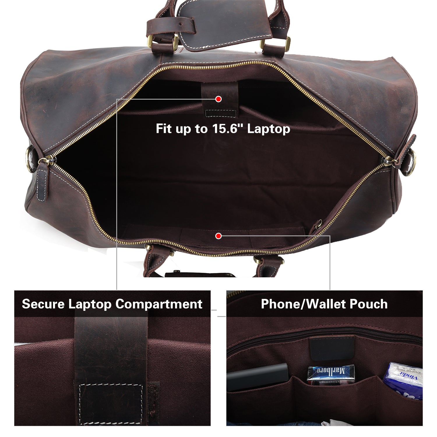 Polare 23" Ambassador Style Retro Weekender Bag (Dark Brown, Inside)