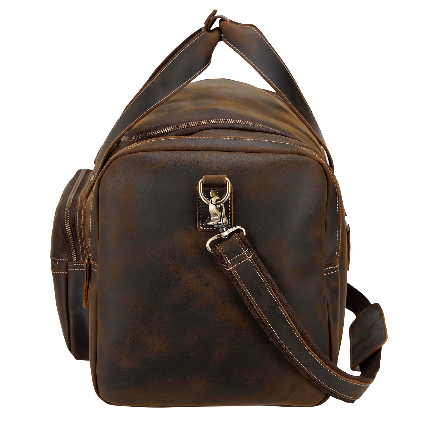 Polare 23" Full Grain Leather Gym Weekender Luggage Bag (Brown,Profile)