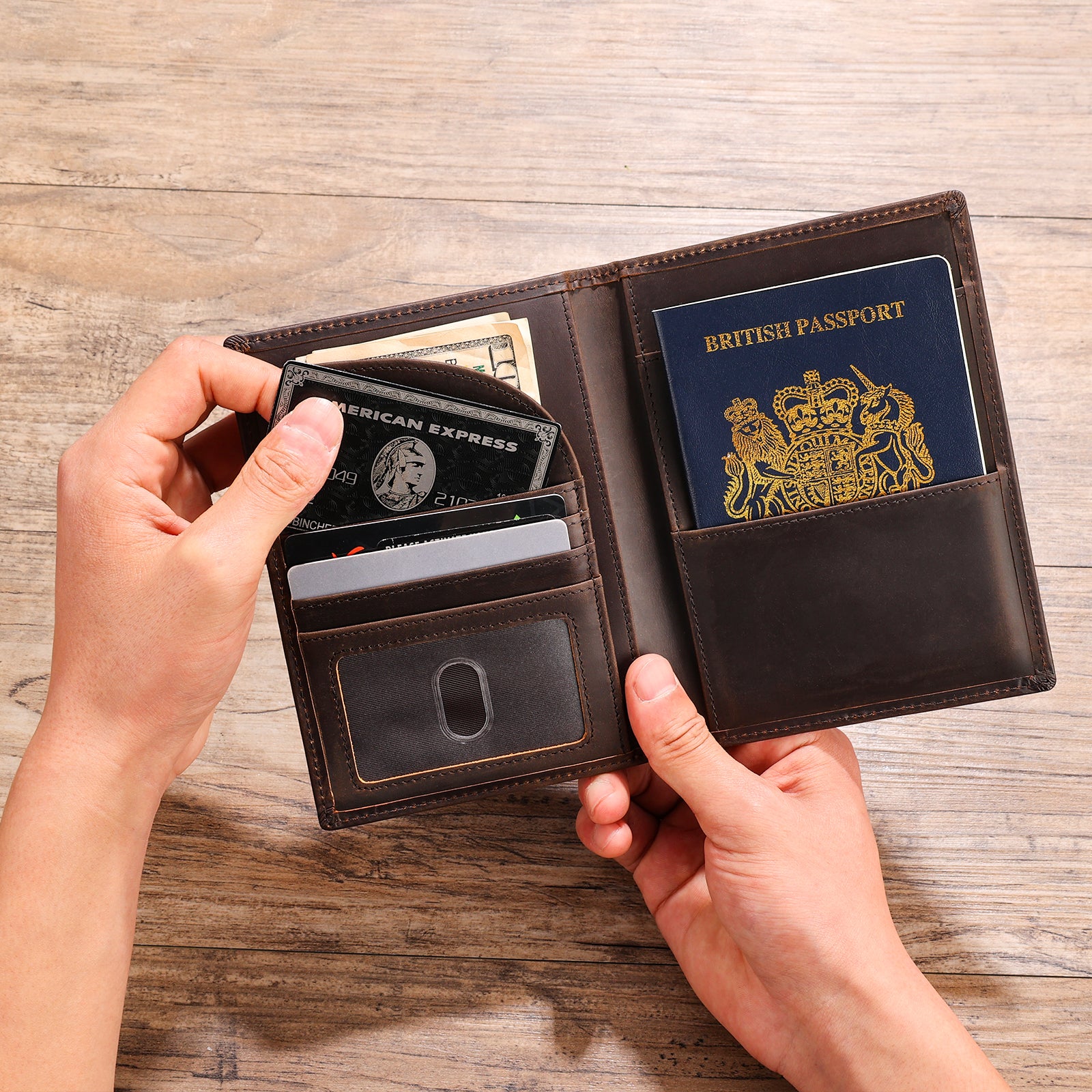Full Grain Leather Bifold Wallet Passport Holders 2 Passports (Model Display)
