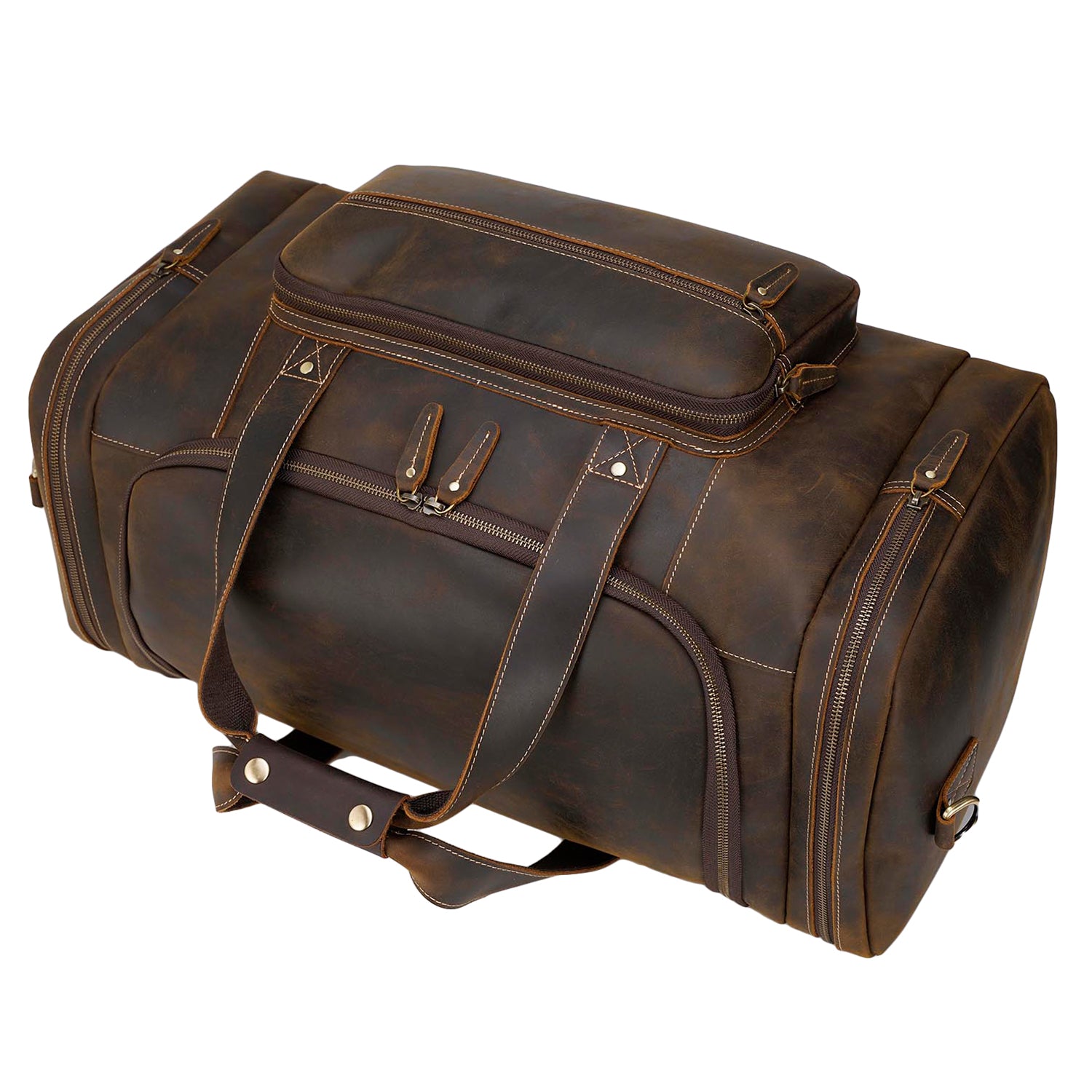 Polare 23" Full Grain Leather Gym Weekender Luggage Bag (Brown,Top)