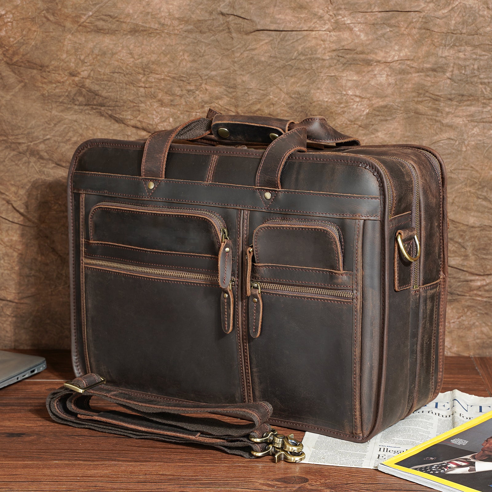 Polare Men's Sturdy Genuine Leather Laptop Bag Briefcase Shoulder Bag